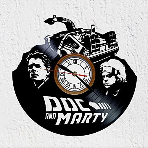 Vinywoody Horloge à Disque en Vinyle Doc et Marty Film Futuristica Science Fiction Décoration Murale Horloge à Disque Vinyle Années 80