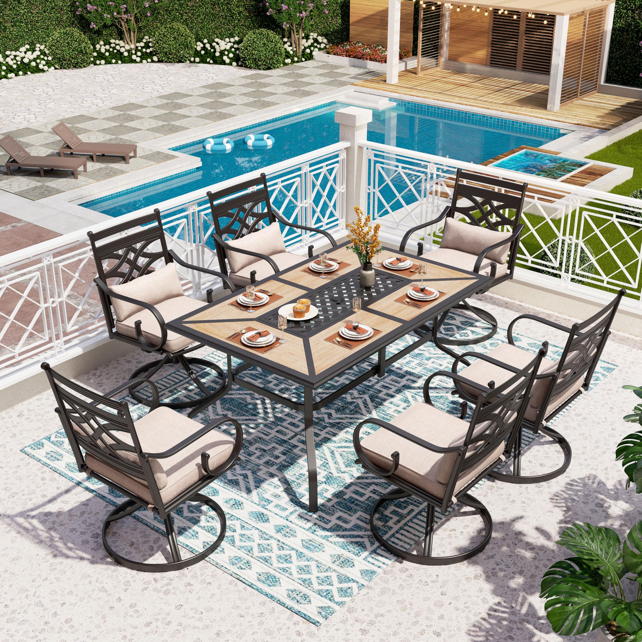 PHI VILLA Patio Dining Set for 6, 7 PCS Outdoor Dining Sets - 1 Rectangle 37x60in Dining Table (1.57" Umbrella Hole) & 6 Swivel Dining Chairs,Metal