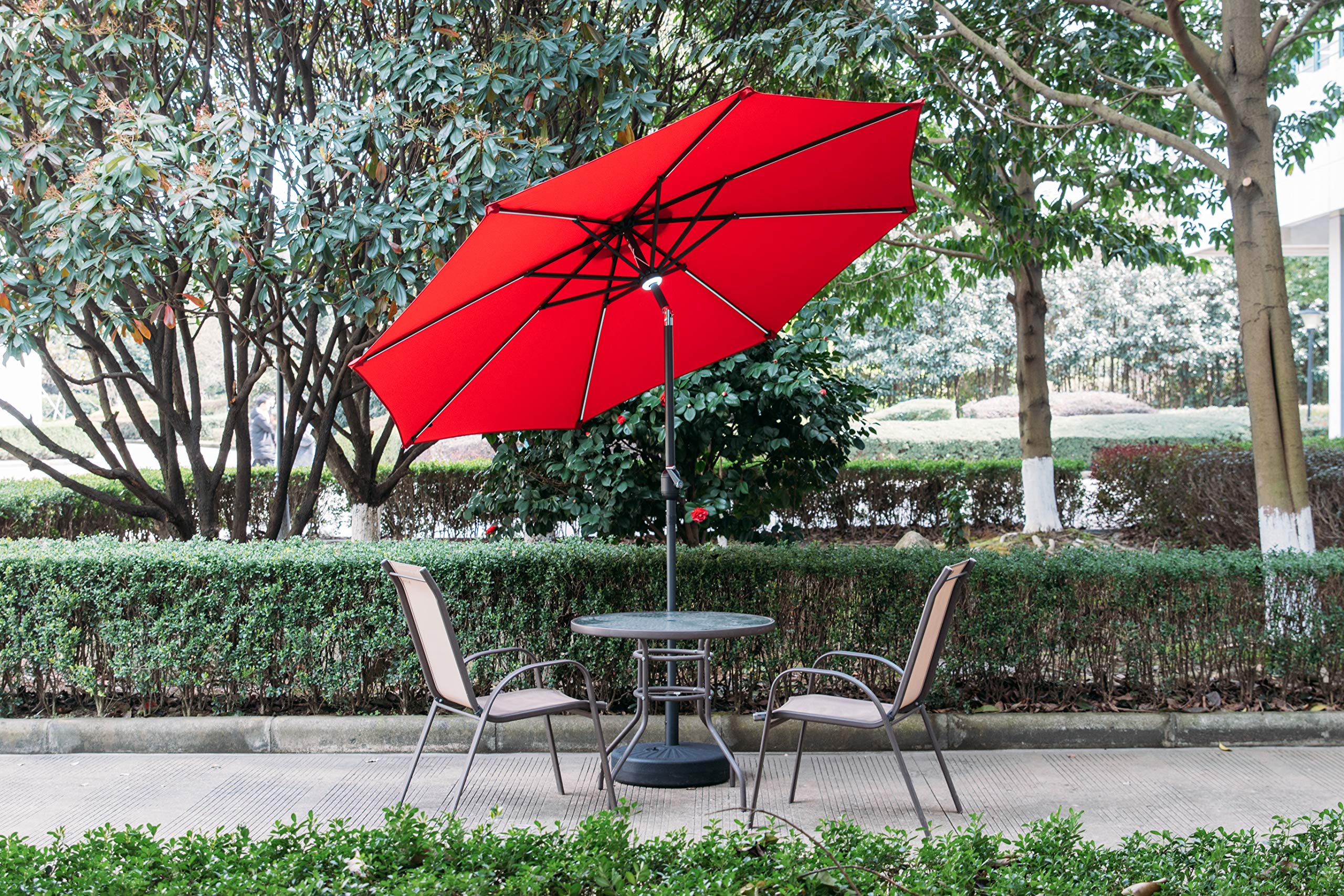Amazon Com Koolwoom 9ft Solar Led Lighted Patio Umbrella With Crank And Manual Tilt Outdoor Umbrella With Fade Resistant Water Proof Fabric And Push Button Without Base Red Garden Outdoor
