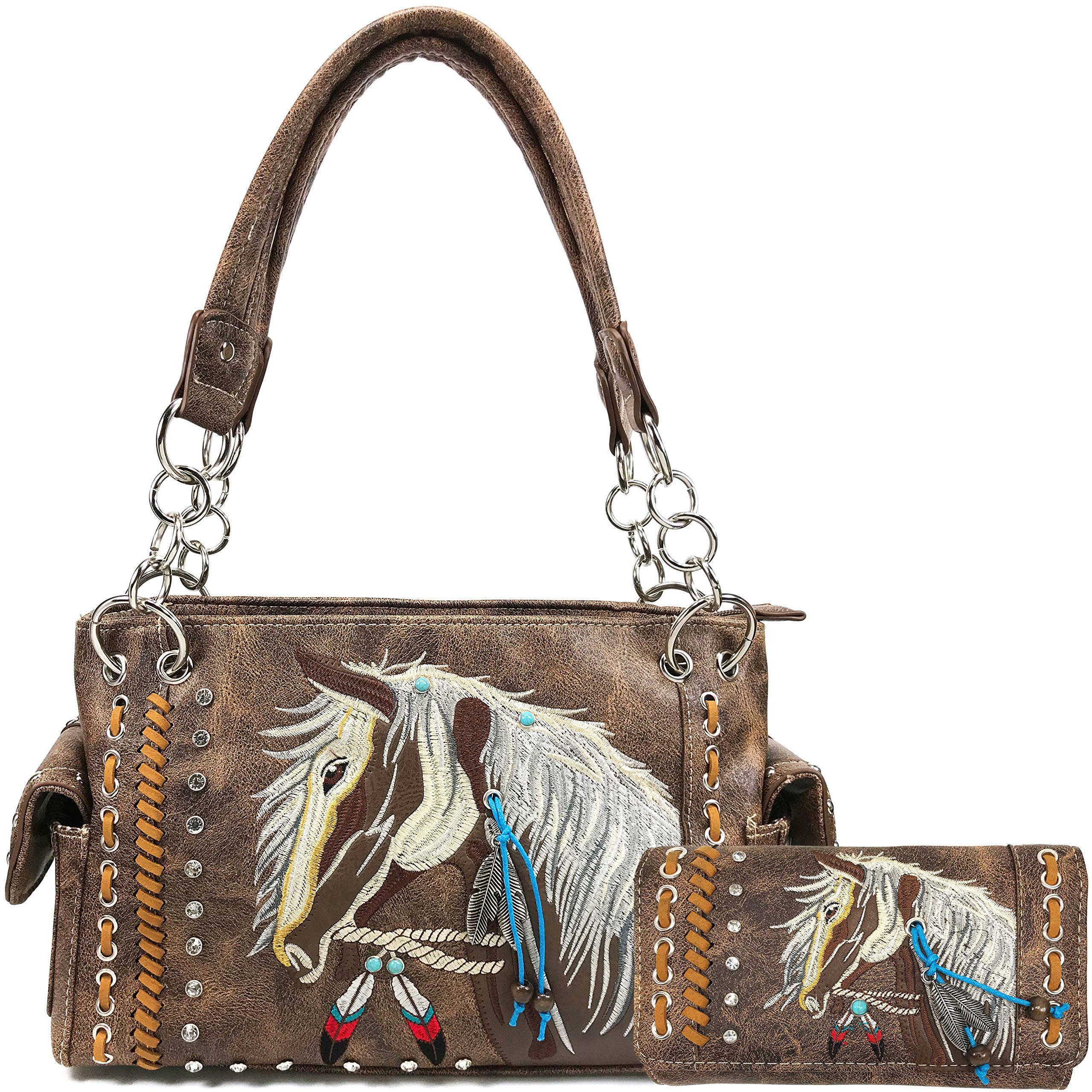 Zelris Dakota Dales Pony Horse Embroidery Mane Western Country Women Conceal Carry CCW Shoulder Handbag Purse with Wallet Set (Brown)