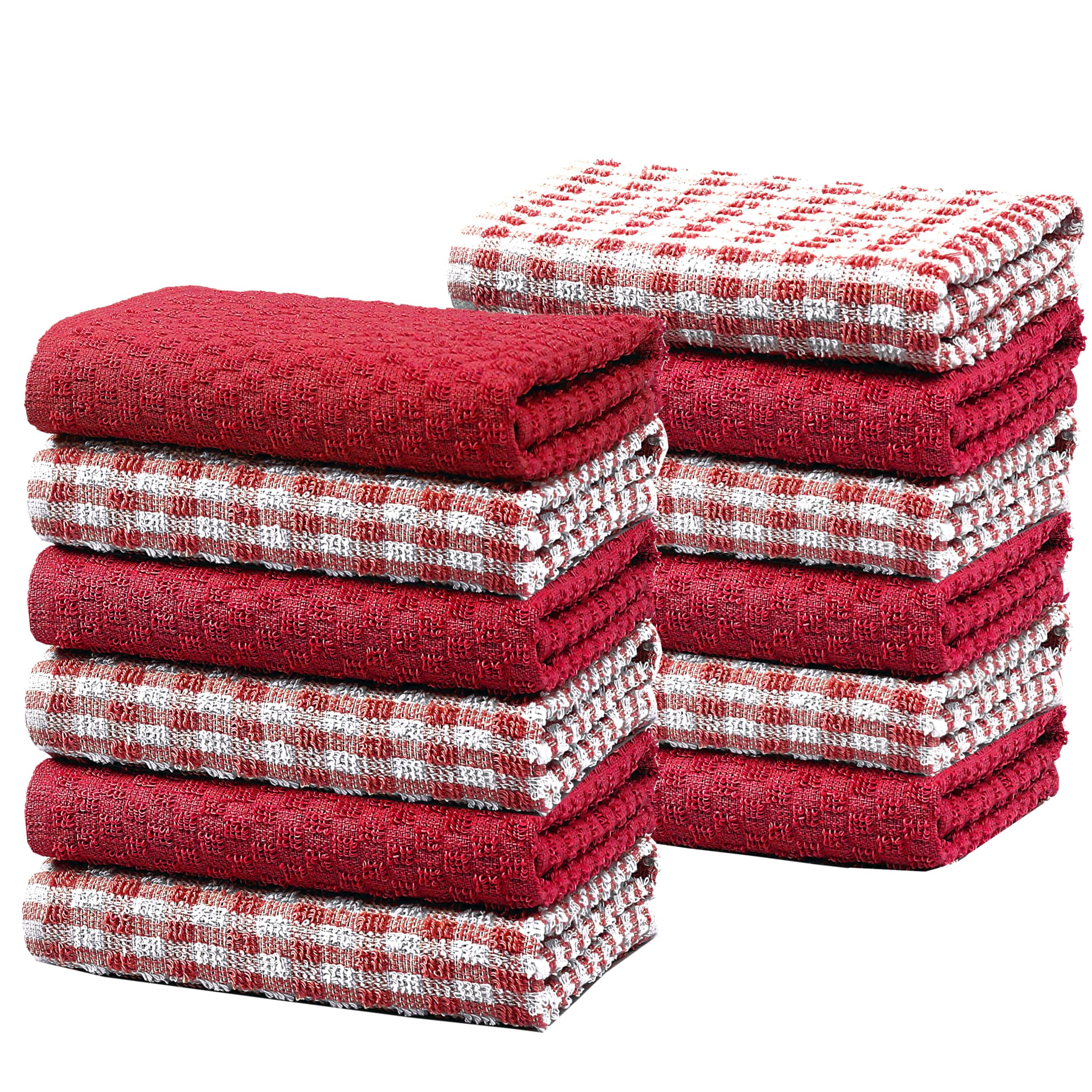 Olivia Rocco Red 100% Cotton Ascot Check Terry Tea Towels For Kitchen Pack Of 12 Super Absorbent Dish Cloth Towel For Drying & Cleaning Household Essentials, - 12 Pk