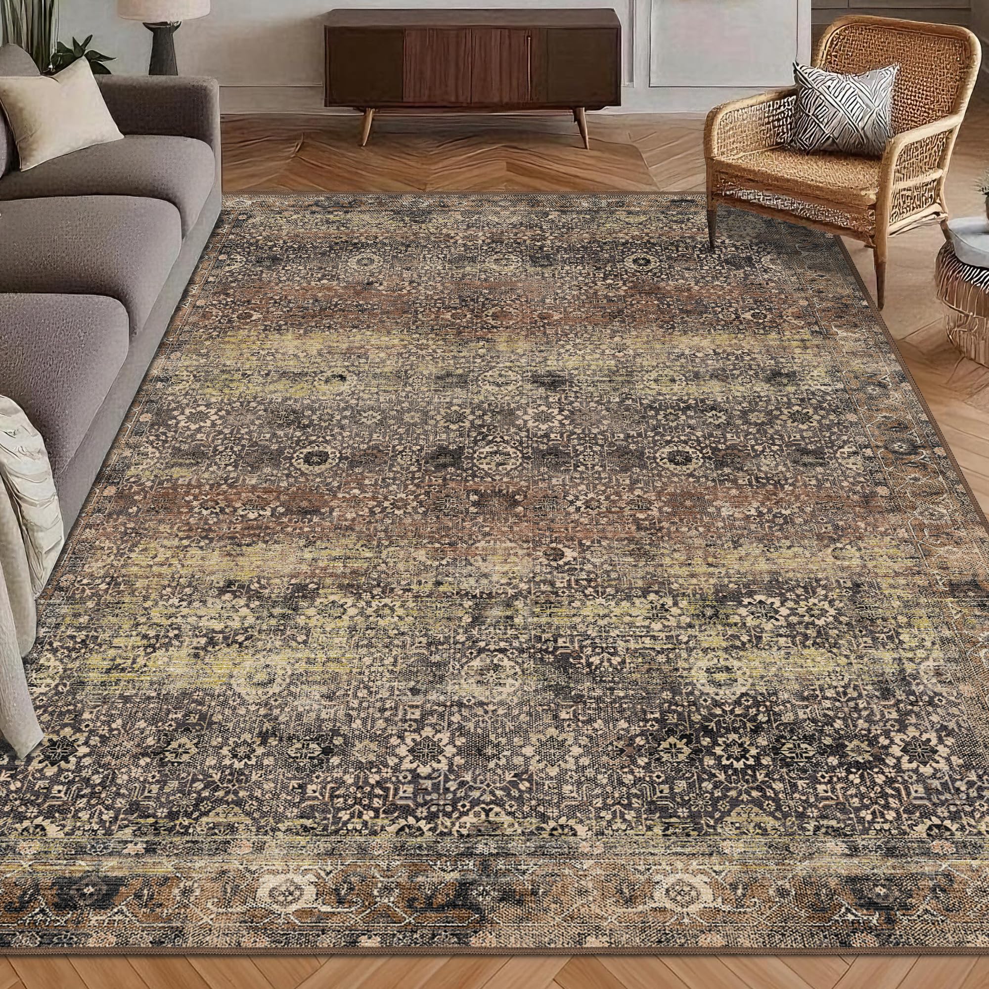 View 1 of ***STOCK PHOTO FOR REFERENCE ONLY***Washable Area Rug 8' x 10' Vintage Traditional Persian Mat - Foldable Distressed Non-Slip Machine Washable Carpet for Living Room Bedroom Kitchen Home Decor - Umber and Slate