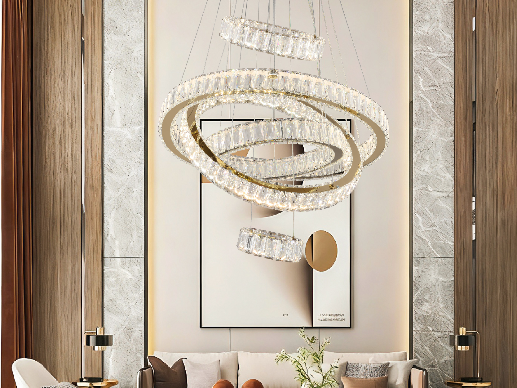 Dixun LED Big Crystal Chandeliers Modern 5 Rings Pendant Light