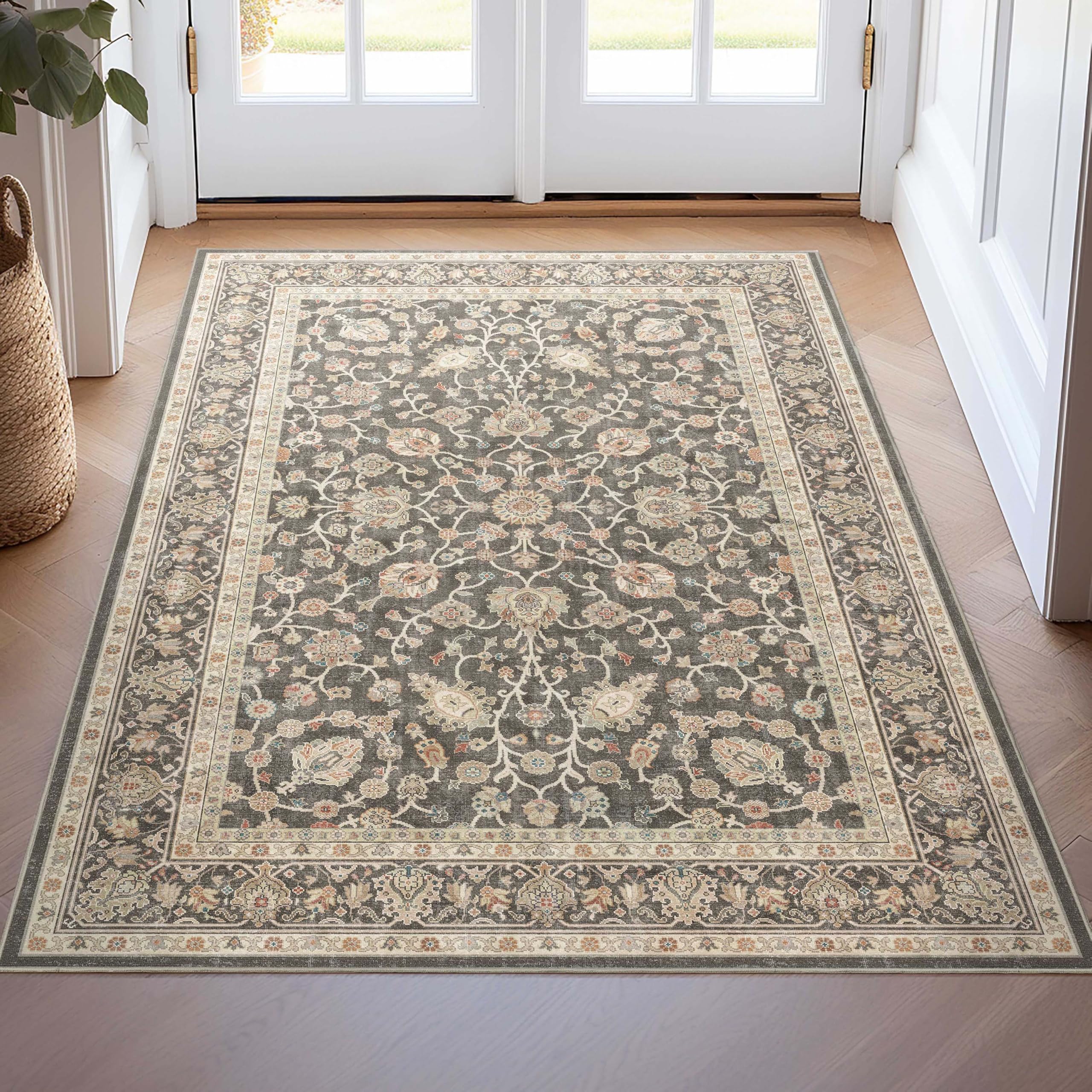 Well Woven Asha Rome Charcoal Brown 3'3" x 5' Area Rug - Oriental Floral Pattern, Easy Clean, Floor-Friendly Backing - for Living Room, Bedroom, and