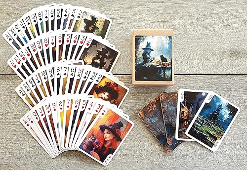 Miniatura 3 de Wicca Witch Playing Cards (baraja de póquer 54 cartas todas diferentes) Elegante bruja damas con gatos negros bebiendo vino en cementerio