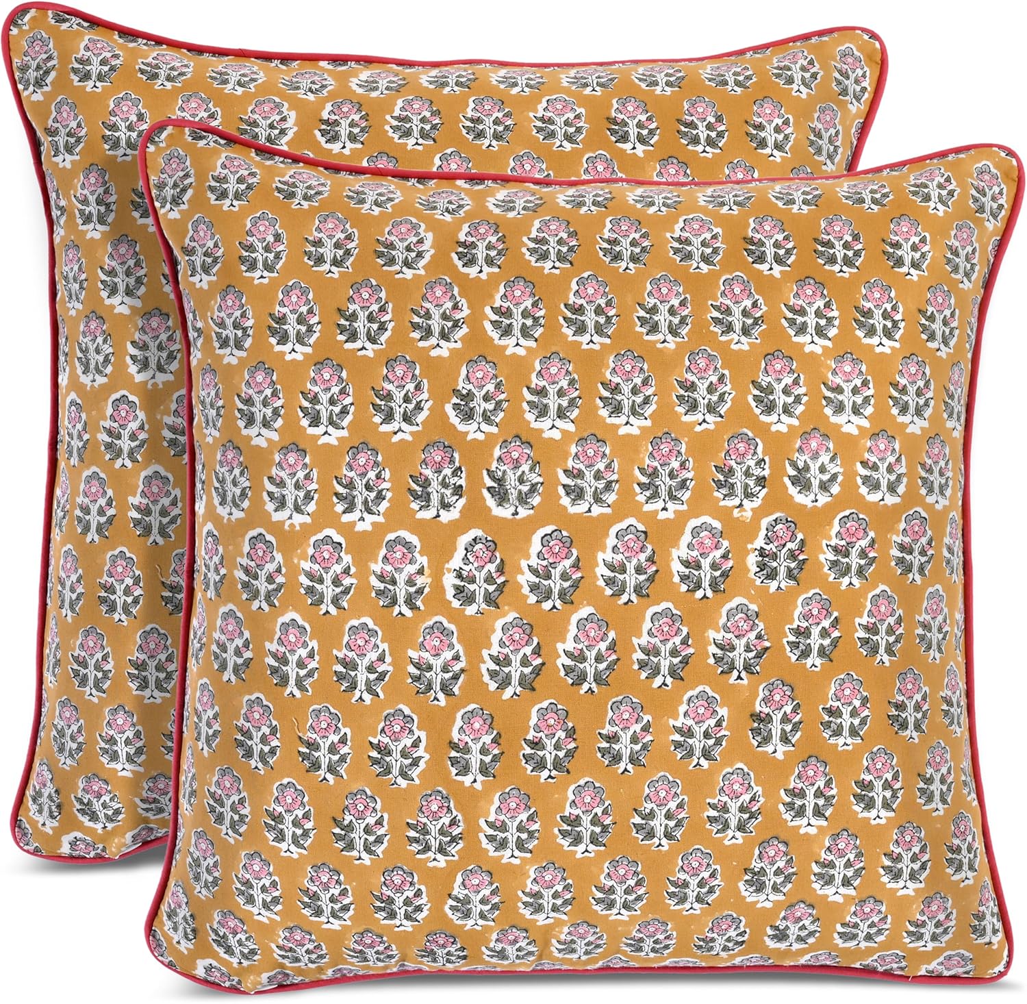 CPC 100% Cotton Throw Pillow Covers 18x18 Inch, Set of 2 Yellow Block Print Pattern Couch Pillow, Cute Boho Decorative Pillows for Living Room, Bedroom with Hidden Zipper- Yellow Citrine