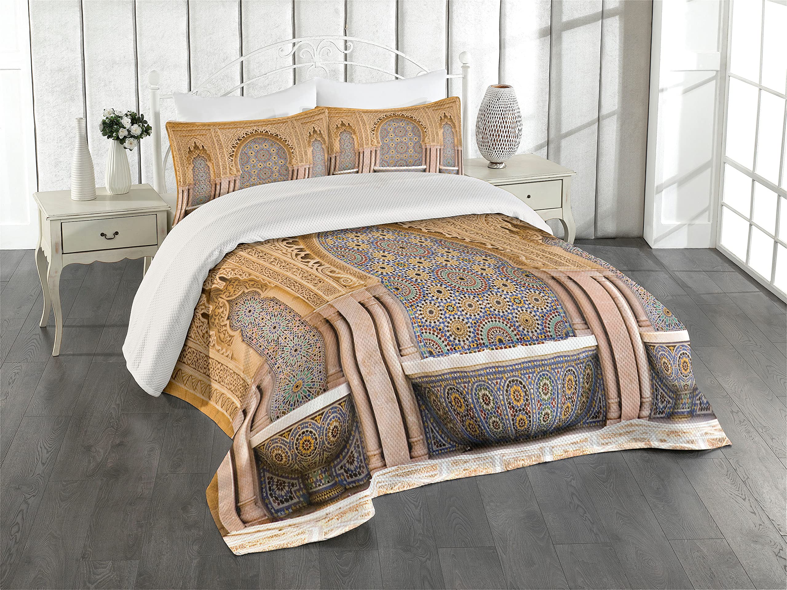 Ambesonne Moroccan Coverlet, Typical Moroccan Tiled Fountain in The City of Rabat Near Hassan Tower, 3 Piece Decorative Quilted Bedspread Set with 2 Pillow Shams, Queen Size, Apricot Pale Brown