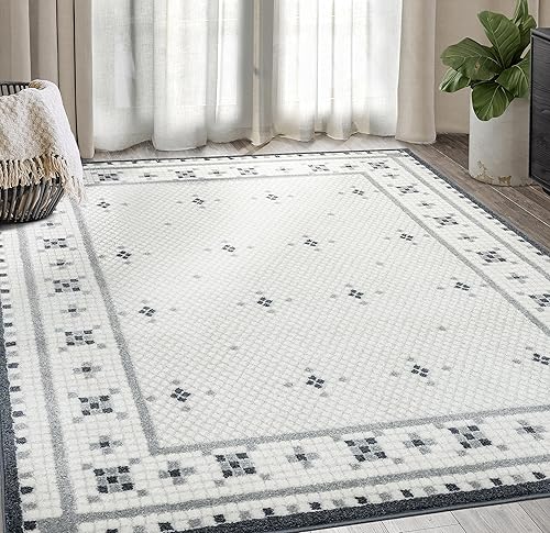 Abani Nuevo Collection - Alfombra de área, diseño moderno de mosaico blanco y negro, 7.9 x 10.2 pies, fácil de limpiar, duradera para niños y disponible en Yaxa Peru