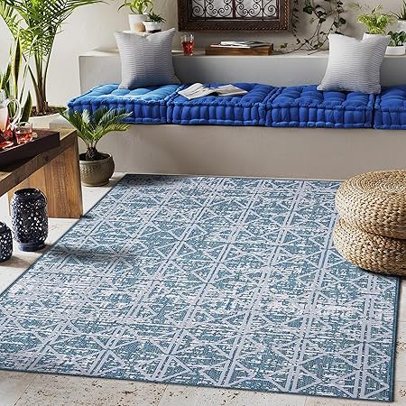 RUGBUGGERY Indoor Outdoor Moroccan Panel Area Rug (5'3"x7'6", Distressed Ocean)
