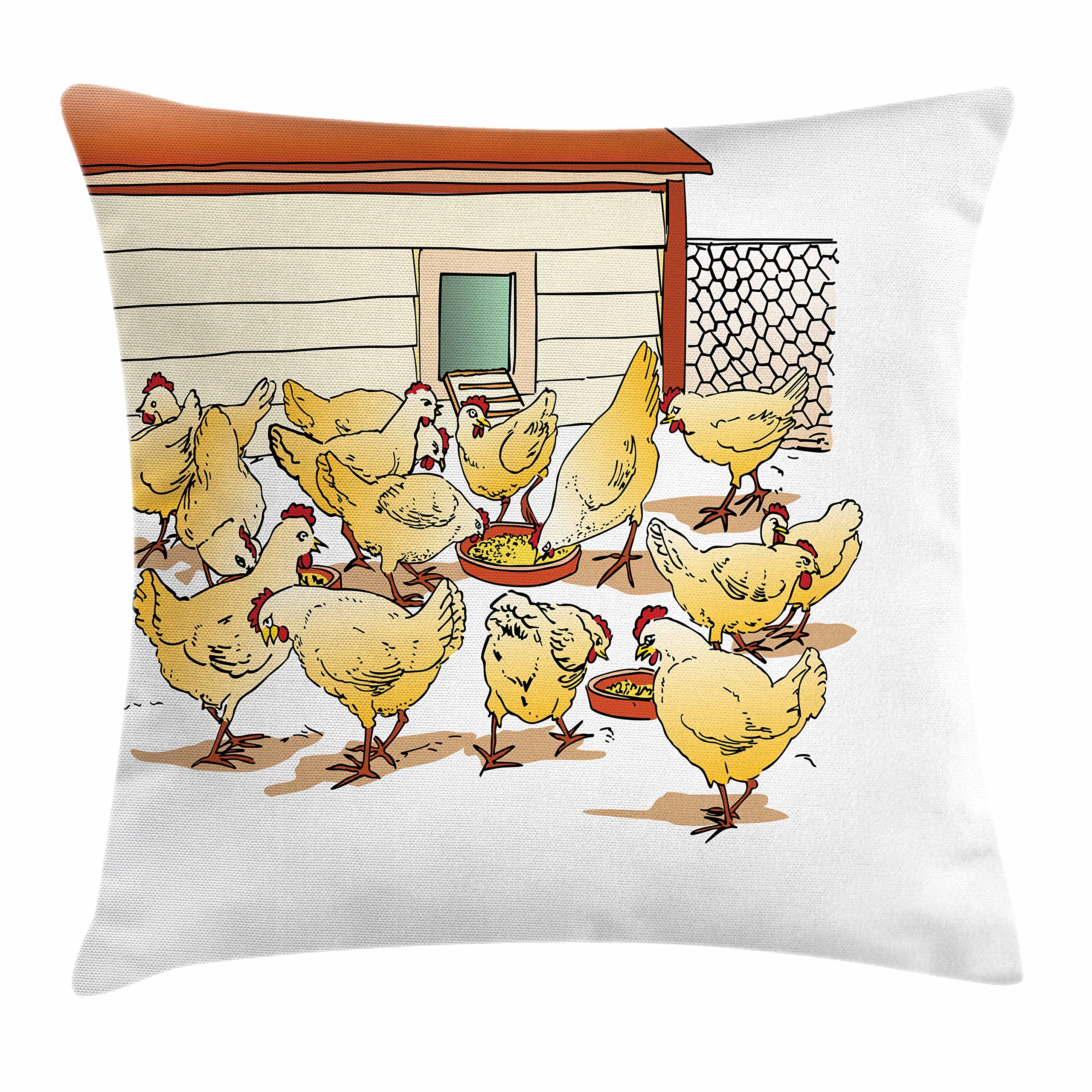Lunarable Chicken Throw Pillow Cushion Cover, Flock of Hens in a Farm Eating from Food Bowls Colorful Cartoon Style Illustration, Decorative Square Accent Pillow Case, 16