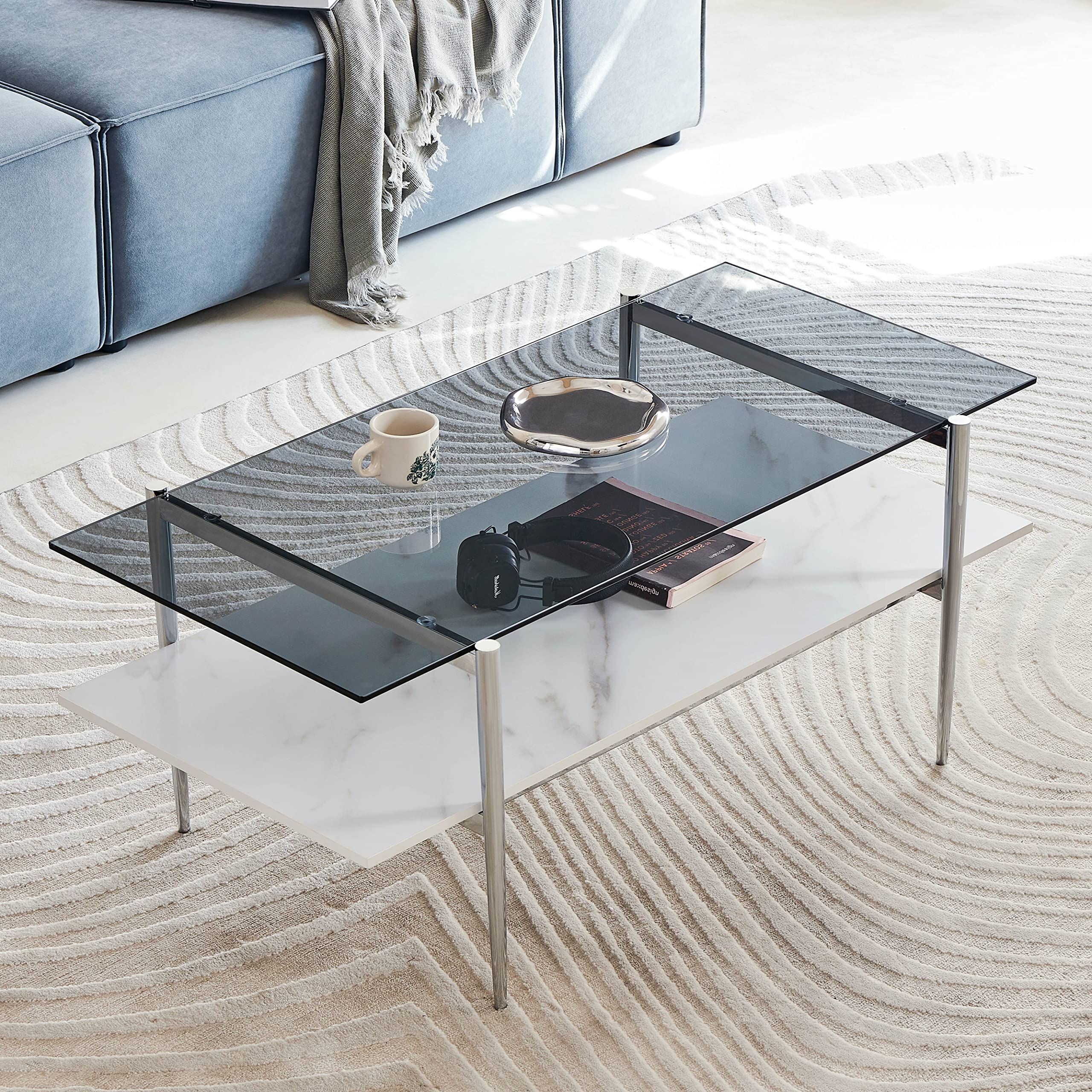 AGV 202206 Tadio Glass Coffee Table, Double Layer Glass Coffee Table for Living Space, Chrome Finish Frmae, Smoky-Grey Glass & White Marble Wood Top