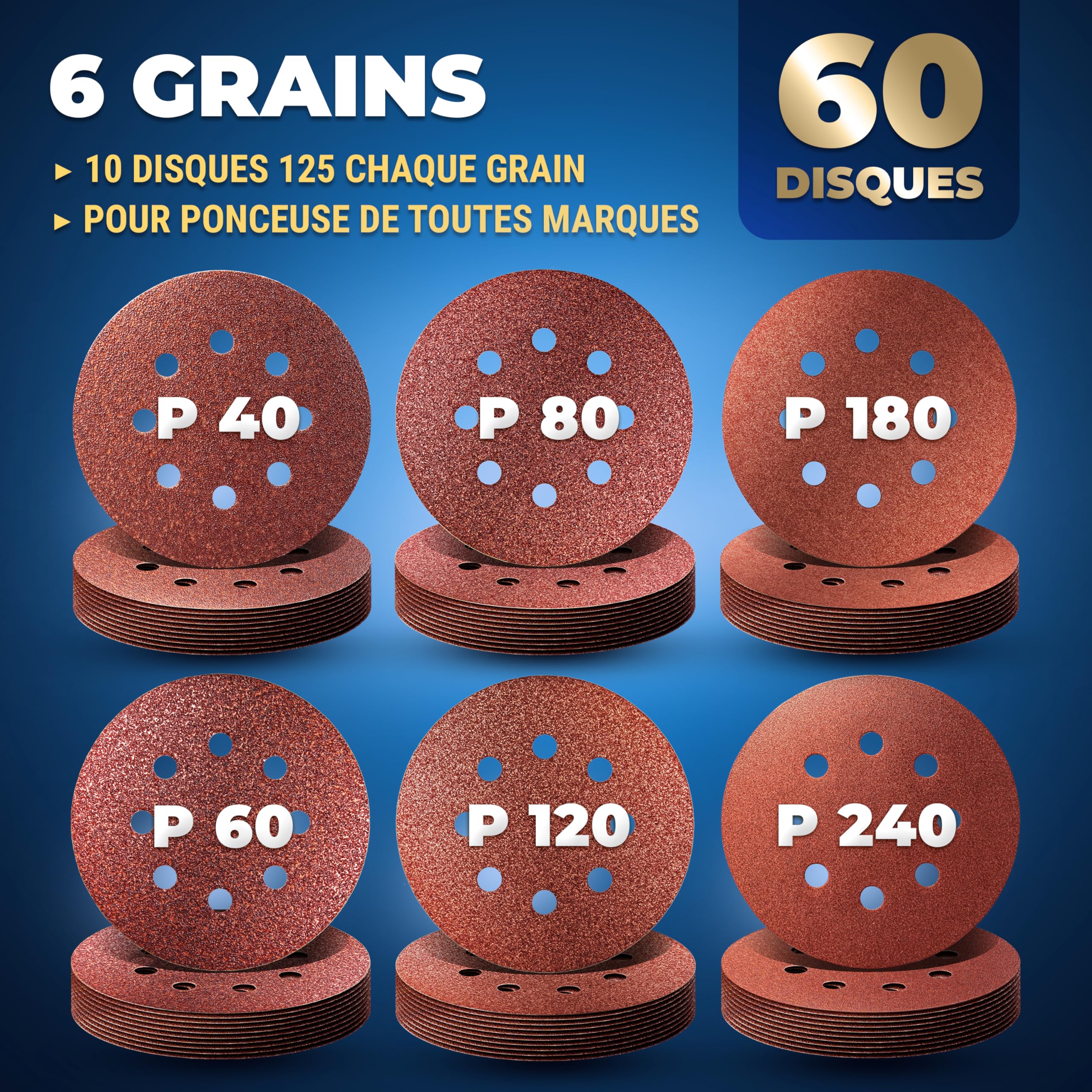 Lot De 60 Feuilles Abrasives Rectangulaires 80x133 Mm - Grains 40/60/80/120/240/400 - 8 Trous Pour Ponceuse - Pour Bois, Métal, Peinture