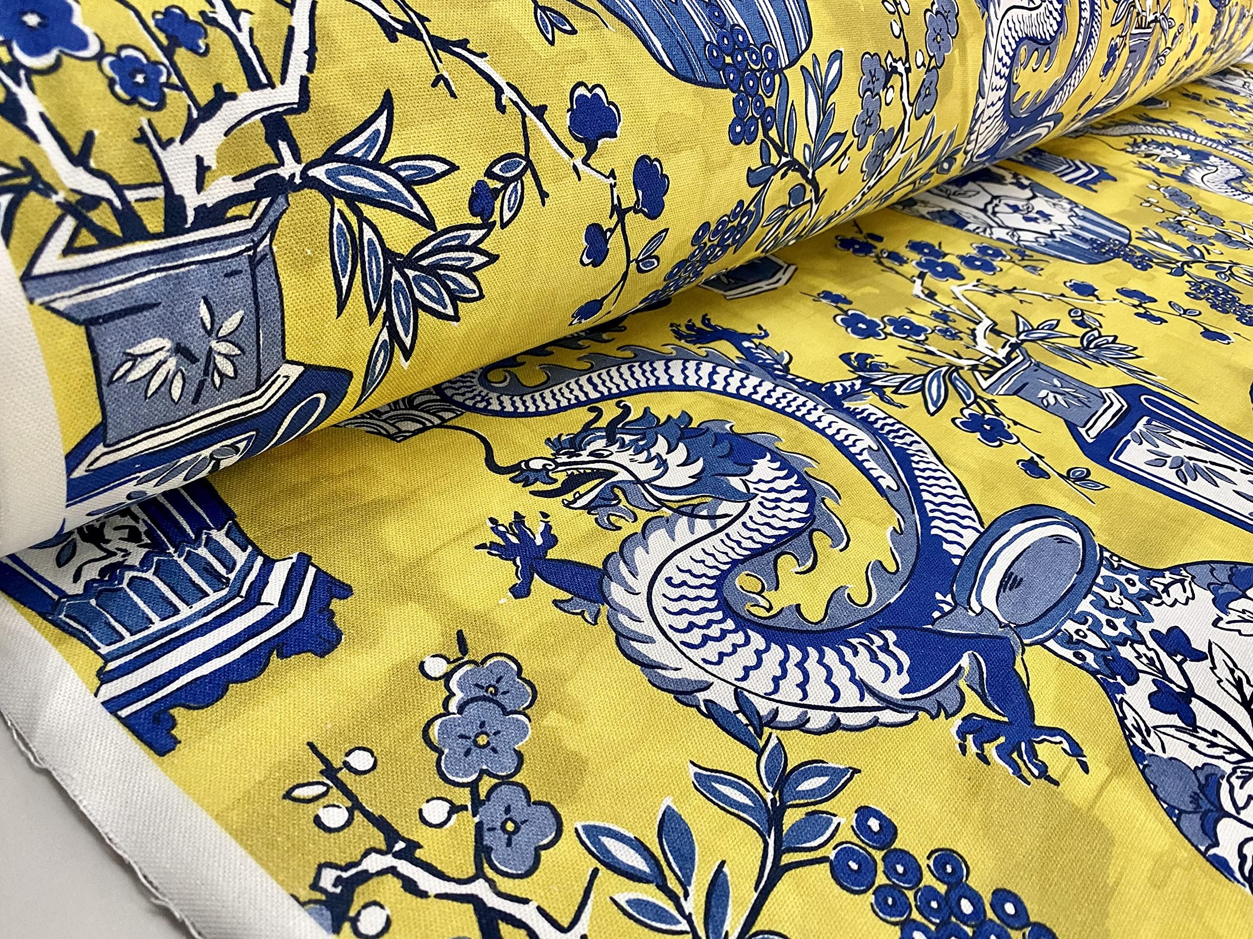 LUSH FABRIC Blue Chinese Dragon Digitally Printed Fabric Asian Porcelain Motif Material Home Decor Curtain Upholstery 140cm Wide - Mustard & Blue (Sold by The Metre)
