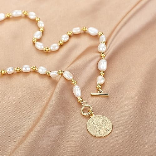 Miniatura 4 de Y2K - Gargantilla de perlas cultivadas barrocas seleccionadas a mano, chapadas en oro de 18 quilates, cadena de bolas, dije de moneda, joyería
