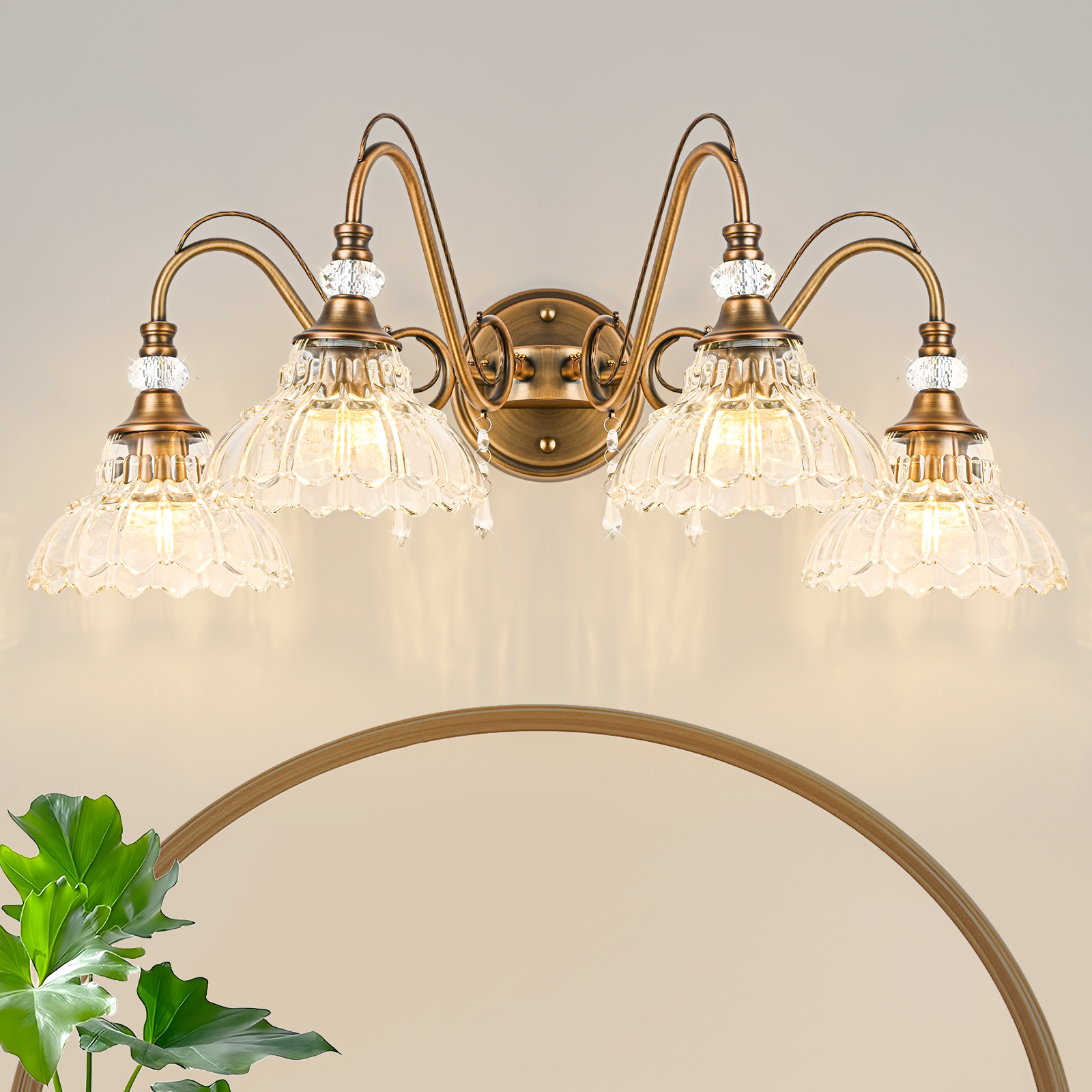 Image of Vintage Bathroom Vanity Light, 4-Light Matte Antique Brass Finish Wall Sconce with Hanging Crystal Accents and Flower-Shaped Clear Glass Shades, Retro Wall Mount Vanity Light Over Mirror for Bathroom