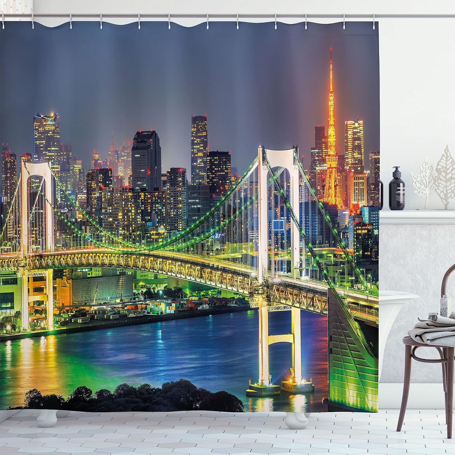 Ambesonne Landscape Shower Curtain, Tokyo Skyline with Tokyo Tower and Rainbow Bridge Tokyo Japan Night Scenery View, Cloth Fabric Bathroom Decor Set with Hooks, 69" W x 84" L, Green Navy