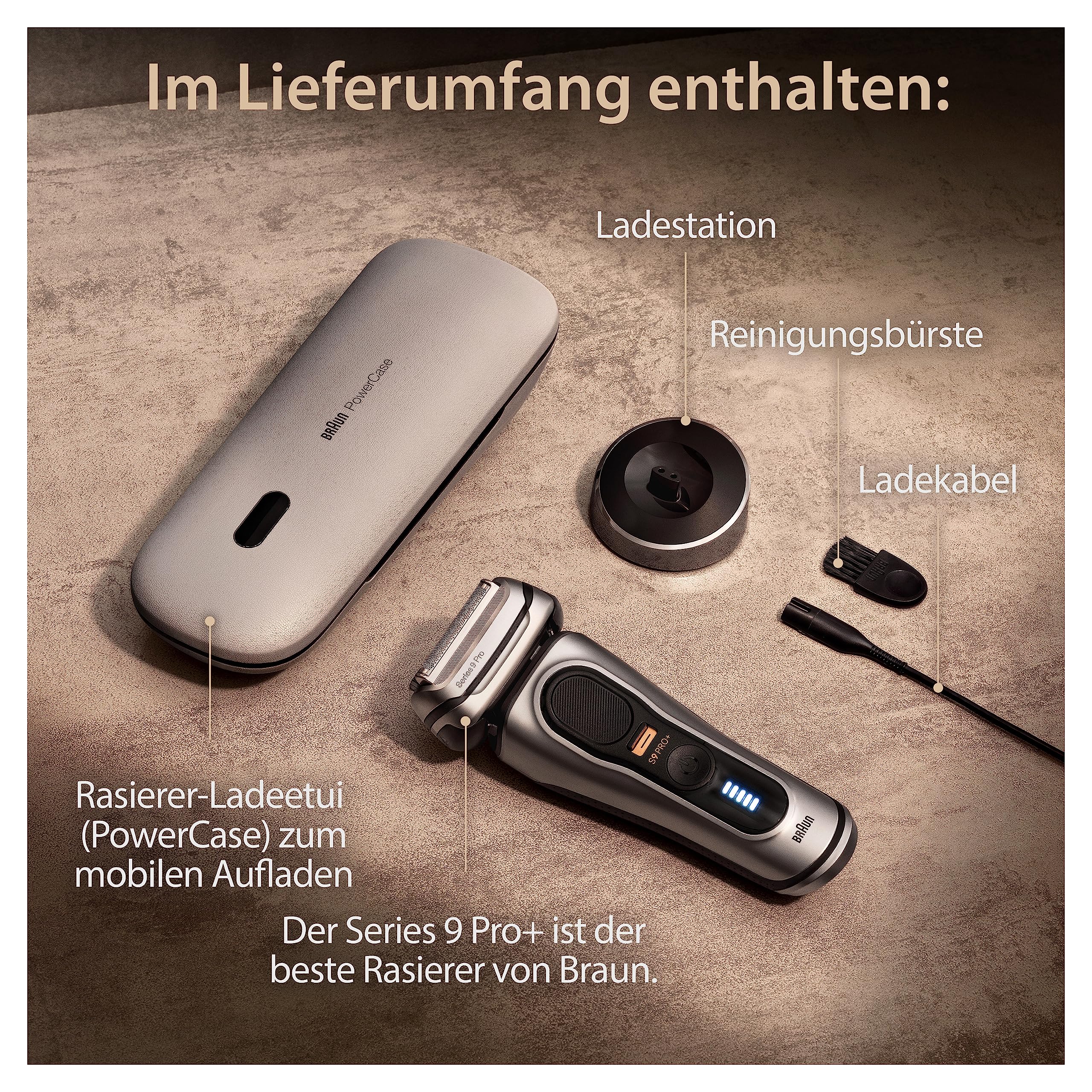 Braun Series 9 Pro+ Rasierer Herren Elektrisch, Elektrorasierer mit 5 Pro Rasierelementen, Langhaarschneider, Rasierer-Ladeetui PowerCase, 60 Min Laufzeit, Made in Germany, 9527s, Silber
