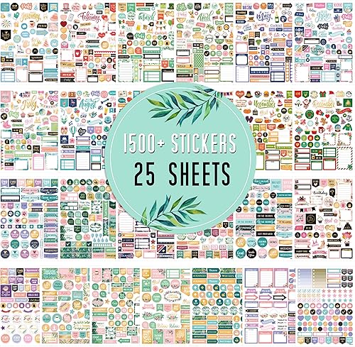 Calcomanías para planificador, calcomanías y accesorios para planificador mensual, 25 páginas, más de 1500 impresionantes, calcomanías funcionales y