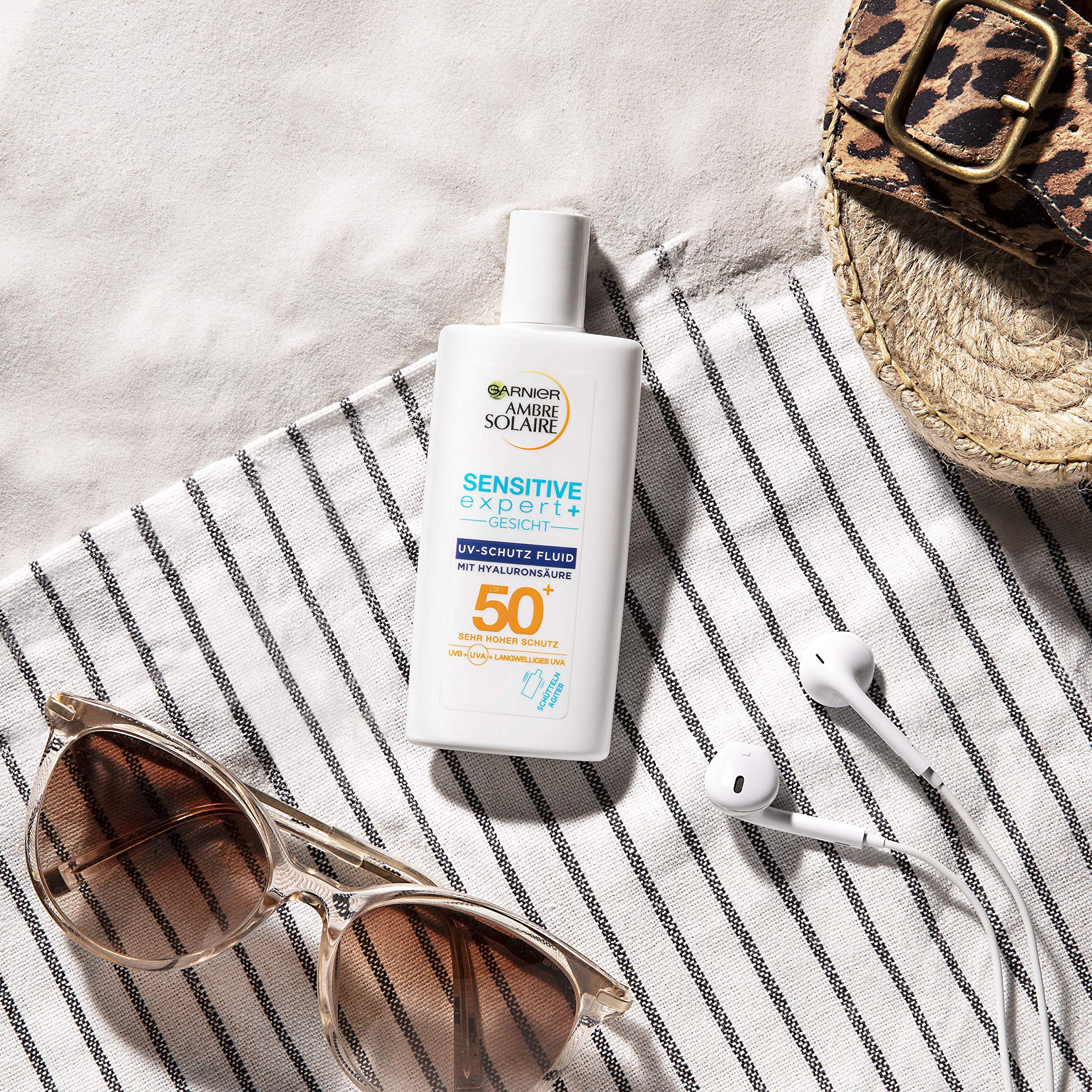 Garnier Zestaw do pielęgnacji opalonej skóry, z kremem przeciwsłonecznym SPF 50+ z kwasem hialuronowym, samoopalacz z olejkiem morelowym i balsamem po opalaniu z aloesem, Ambre Solaire, zestaw 3