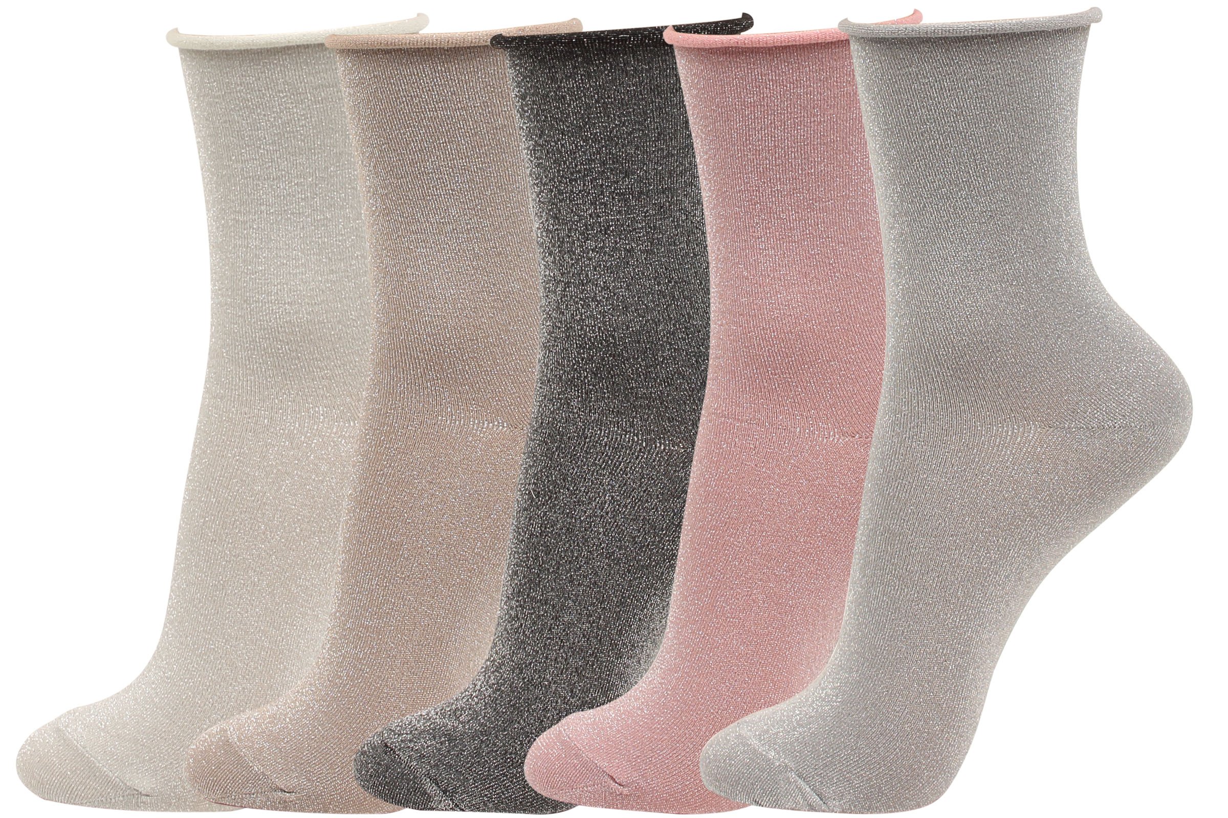 WOWFOOT5Pair Women Glitter Roll Top Socks Over Ankle High Soft Cotton Girl 5 Color