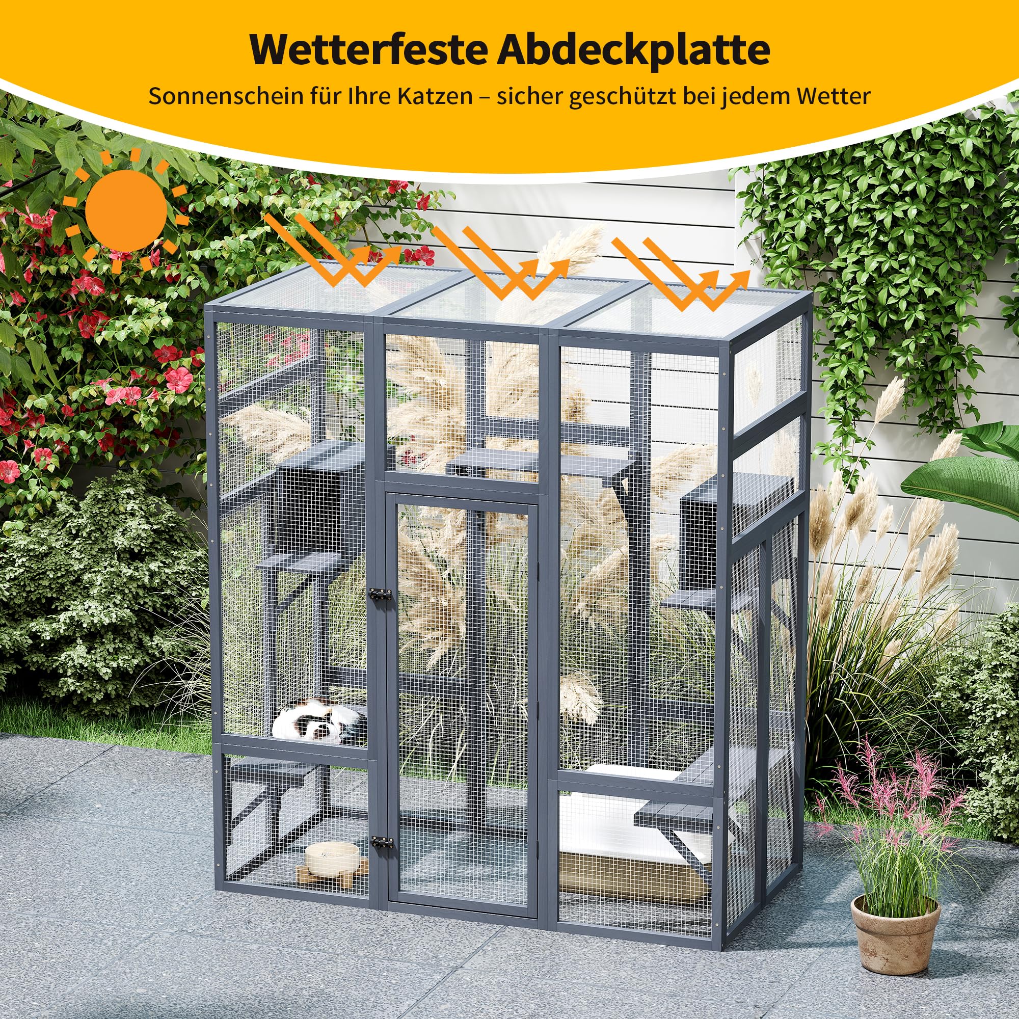 Catio Zewnętrzny wybieg dla kotów, duży wybieg dla kotów, 159 x 82 x 178 cm, domek dla kotów z mostami, spacerami, małymi domkami, zadaszeniem (kolor ciemnoszary)