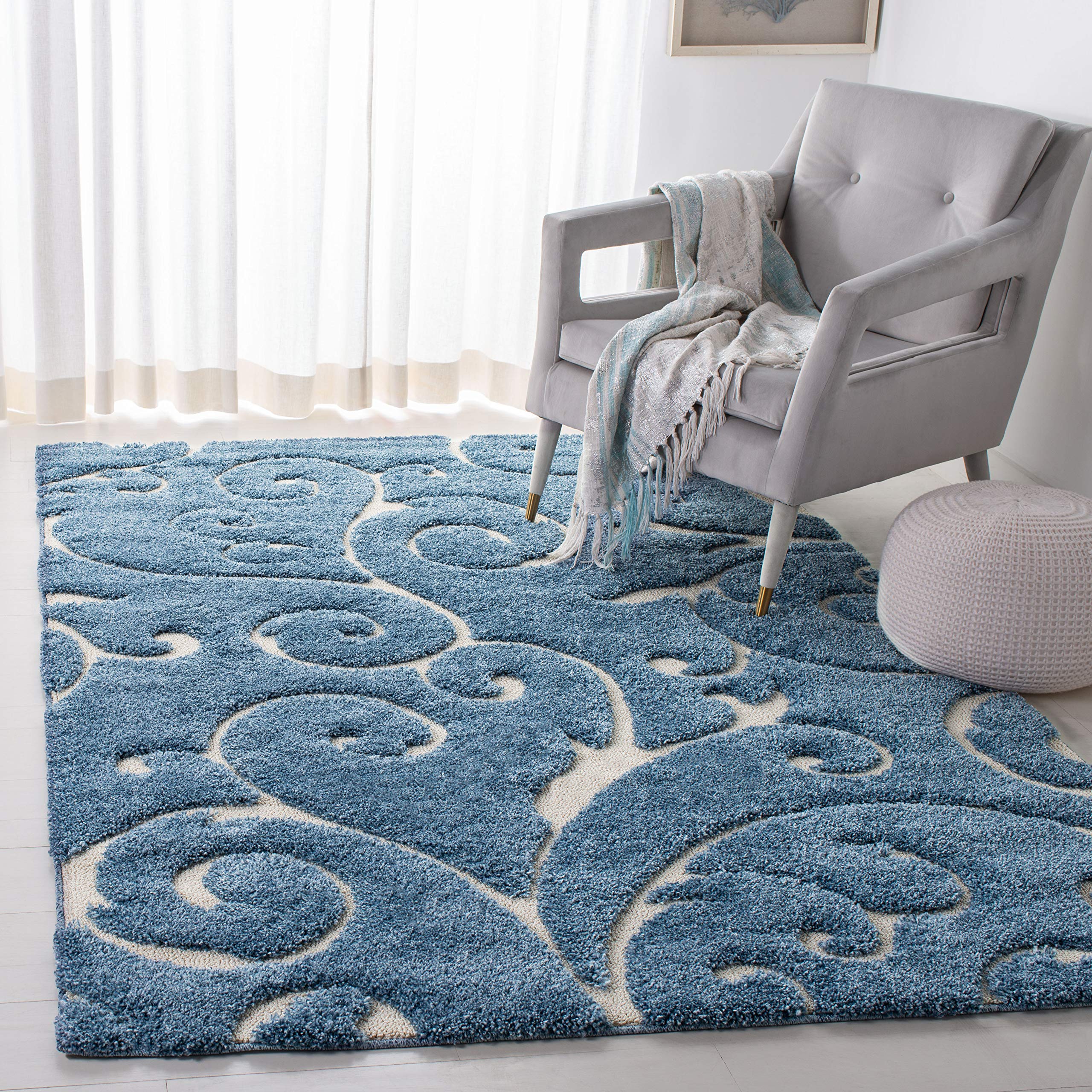 SAFAVIEH Florida Shag Collection Area Rug - 6' x 9', Light Blue & Cream, Scroll Design, Non-Shedding & Easy to Clean, High-Low Plush Pile, Ideal for