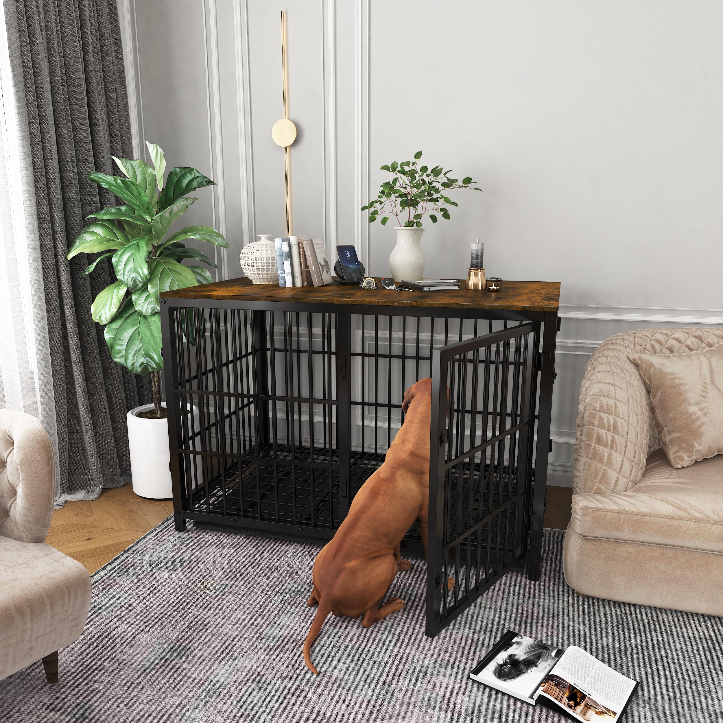 Meuble Cage Chien Bois Intérieur: Niche pour Chien XXL, Table d’Appoint - Maisonnette pour Chien avec 3 Porte et Plateau Amovible, Noir 120x77x81.5cm