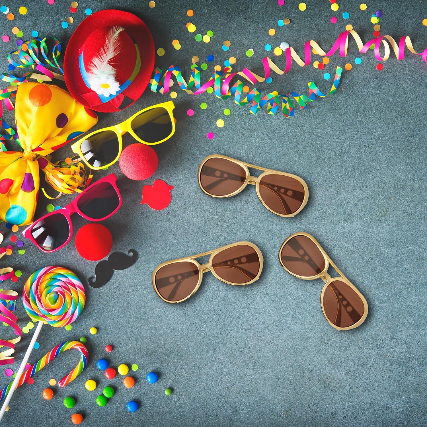 Relaxdays Set of 5 Party Glasses, Rapper Style, Plastic, One Size, Costume Lenses Tinted Crystals, Gold/Brown, 5 x 14 x 5 cm