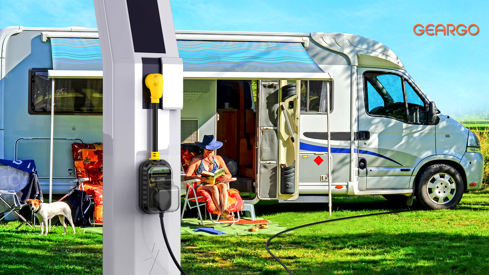 Image of GEARGO RV Surge Protectors 30 Amp, 12000 Joules RV Circuit Analyzer, IP68 Surge Voltage Protection, RV Adapter Plug for Camper (Yellow)