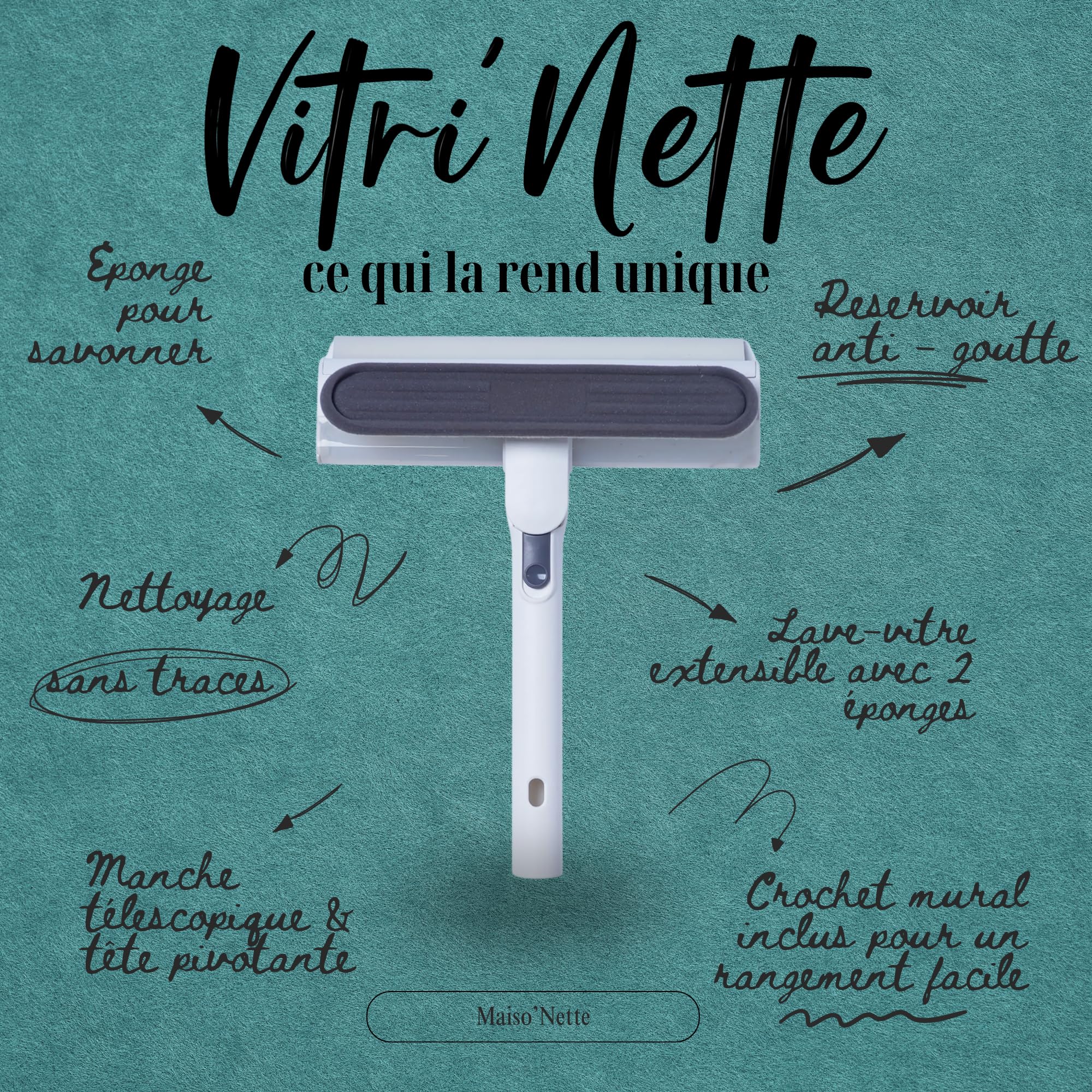 Maiso'Nette Raclette Vitre - Nettoyeur Vitre Professionnel avec Réservoir Collecteur d’Eau - Manche Telescopique Jusqu’à 89 cm - Crochet Mural - 2 Éponges Microfibres