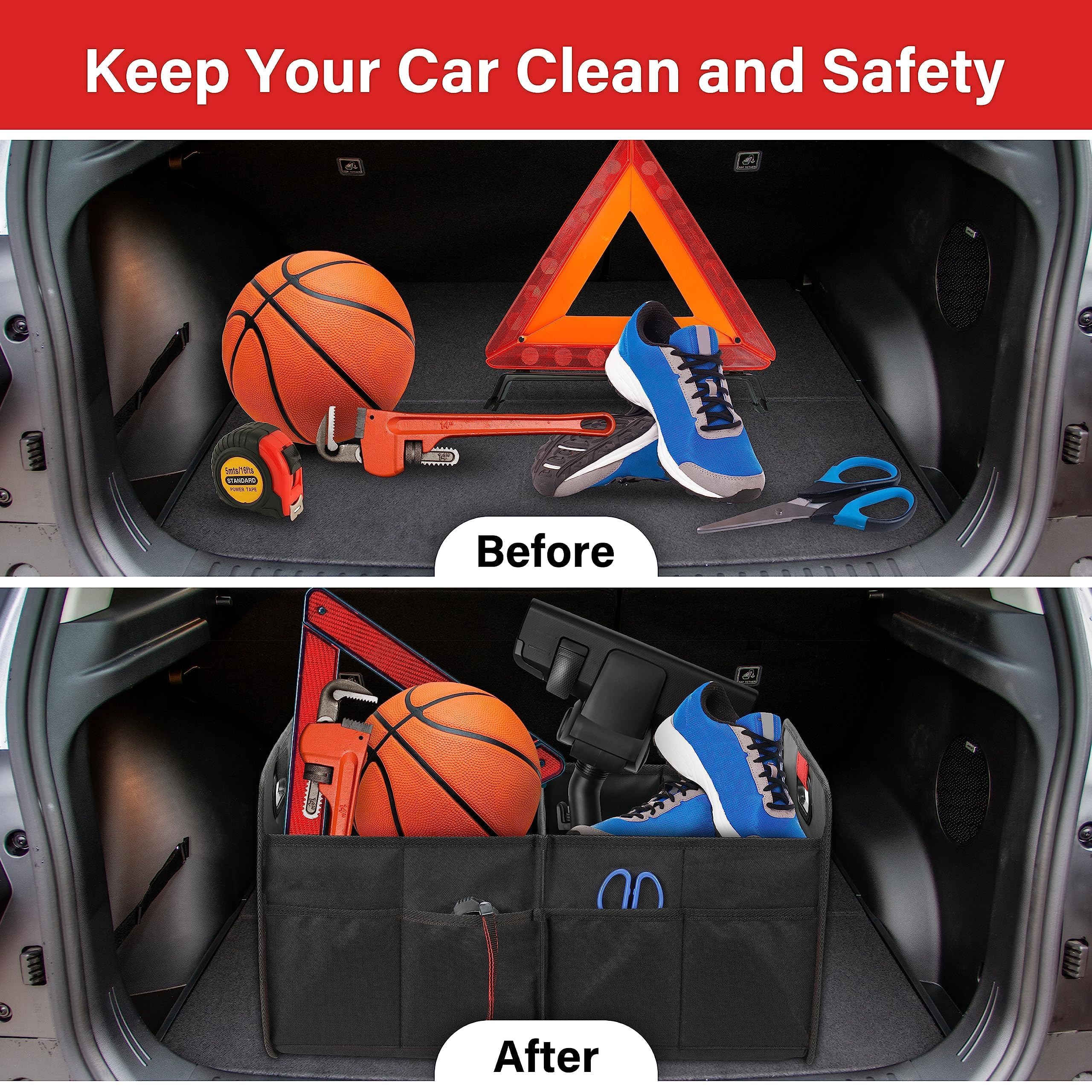 Simple Deluxe 2 Compartments Trunk Organizer for Car/SUV, Collapsible 600D Waterproof Oxford Polyester 50L Storage Box, Anti-slip & Leak-proof, Multipurpose Travel Accessories, Black