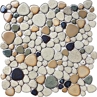 Pebble Stone Mosaic Tiles 5 Sheets, Beige Tan Brown Ceramic Mosaic Sheet...