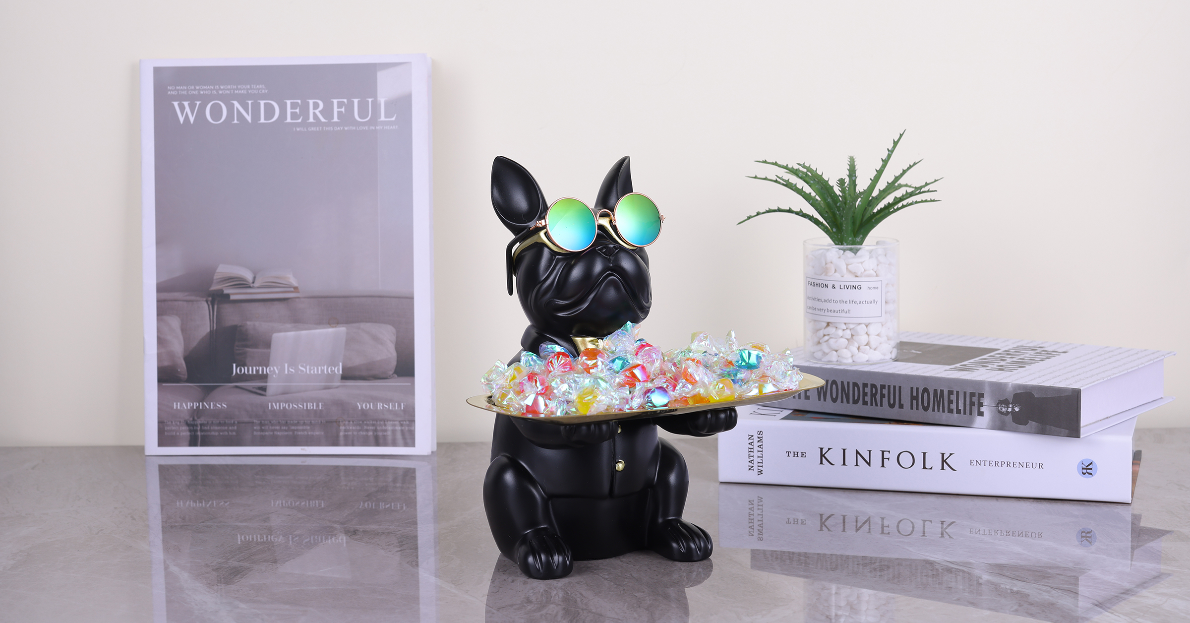 Estatua de Bulldog Francés con Bandeja Decorativa de Resina miniatura 7