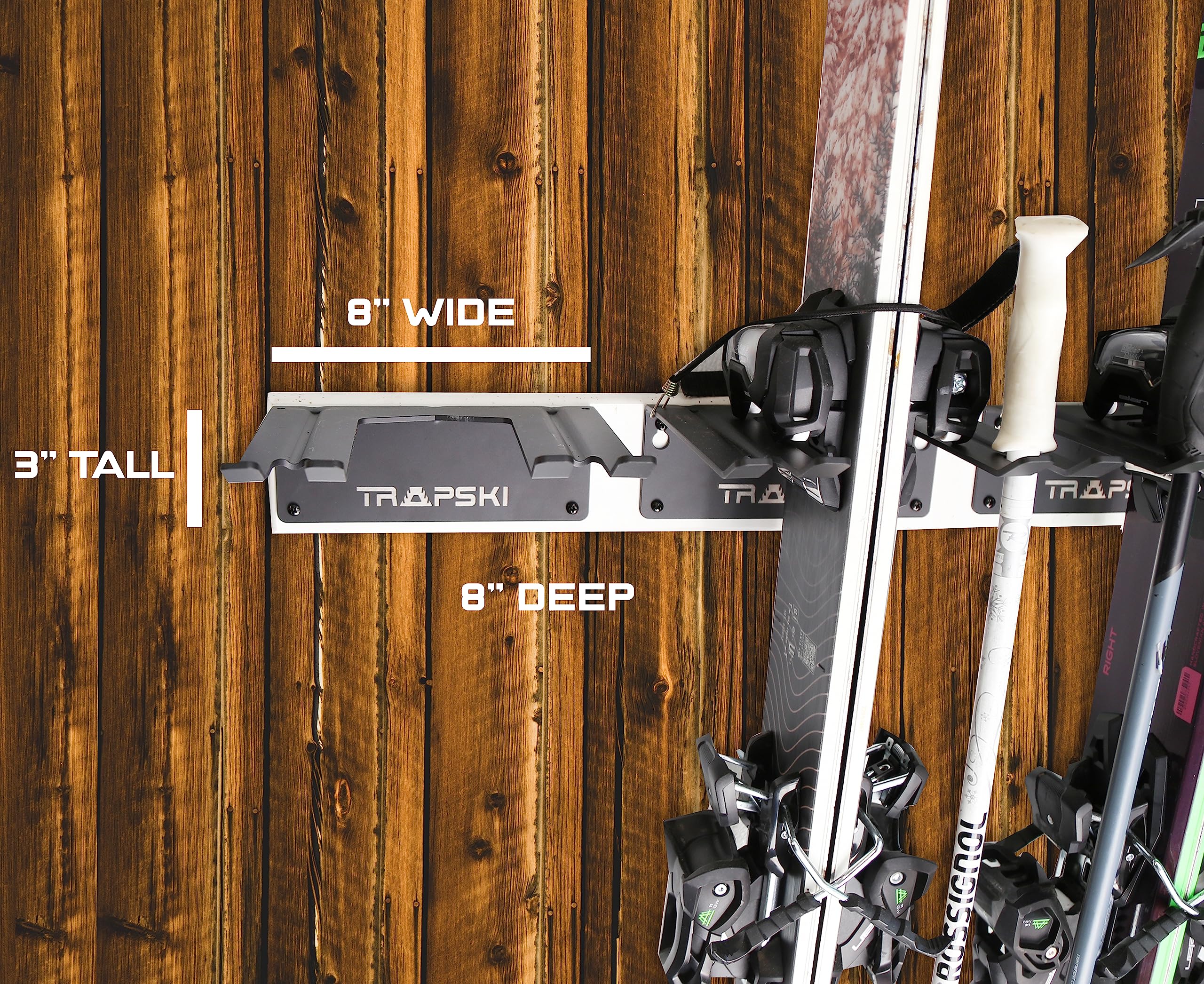 TRAPAWAY - Estante de pared | Capacidad para 1 par de esquís o snowboard por Bindings | Organizador de garaje para herramientas de patio, equipo y equipo | Aluminio | Sin partes móviles que romper o