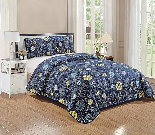 Home Collection - Colcha acolchada Universo Galaxy Sistema Solar Azul Marino Amarillo Azul Para NiñosAdolescentes # Little Galaxy (Full)