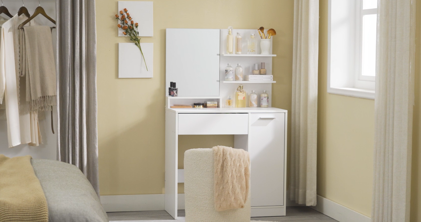 Coiffeuse VASAGLE Avec Miroir, Placard & Tiroir - 70x40x136cm Blanc | Étagères Réglables, Style Moderne