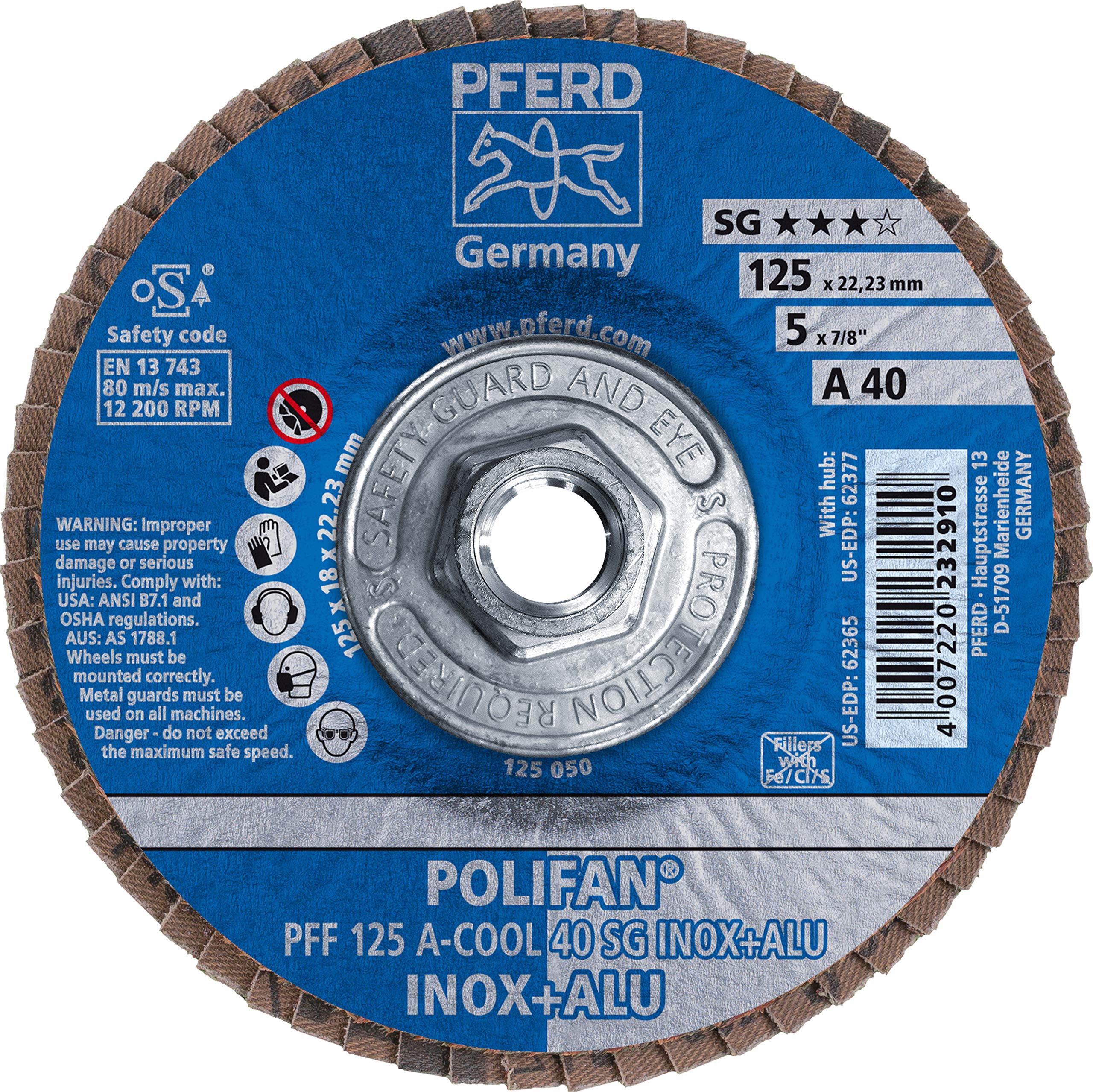 PFERD Polifan SG CO-COOL Abrasive Flap Disc, Type 27, Threaded Hole, Phenolic Resin Backing, Aluminum Oxide, 5" Dia., 40 Grit (Pack of 1)