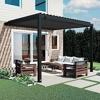 Backyard Discovery Evanston 12'x10' Galvanized Steel Wall-Mounted Louvered Pergola Kit with Adjustable Roof, Shade, Rain Protection, High-Wind Rating, PowerPort, Gutter System for Outdoor Patio, Deck