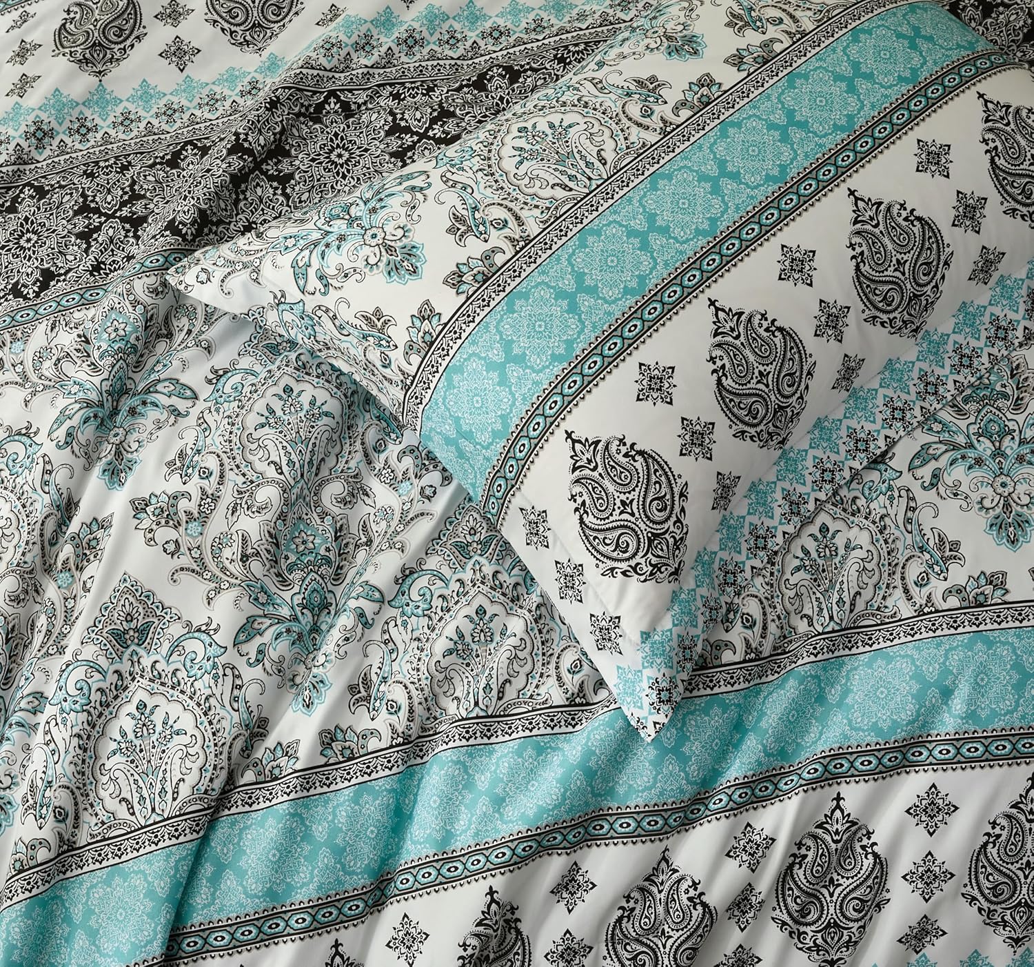 Chezmoi Collection Herald 3-Piece Printed Comforter Set, Aqua Blue Black White Boho Damask - Pre-Washed Microfiber Lightweight Bedding for All Seasons, Queen Size