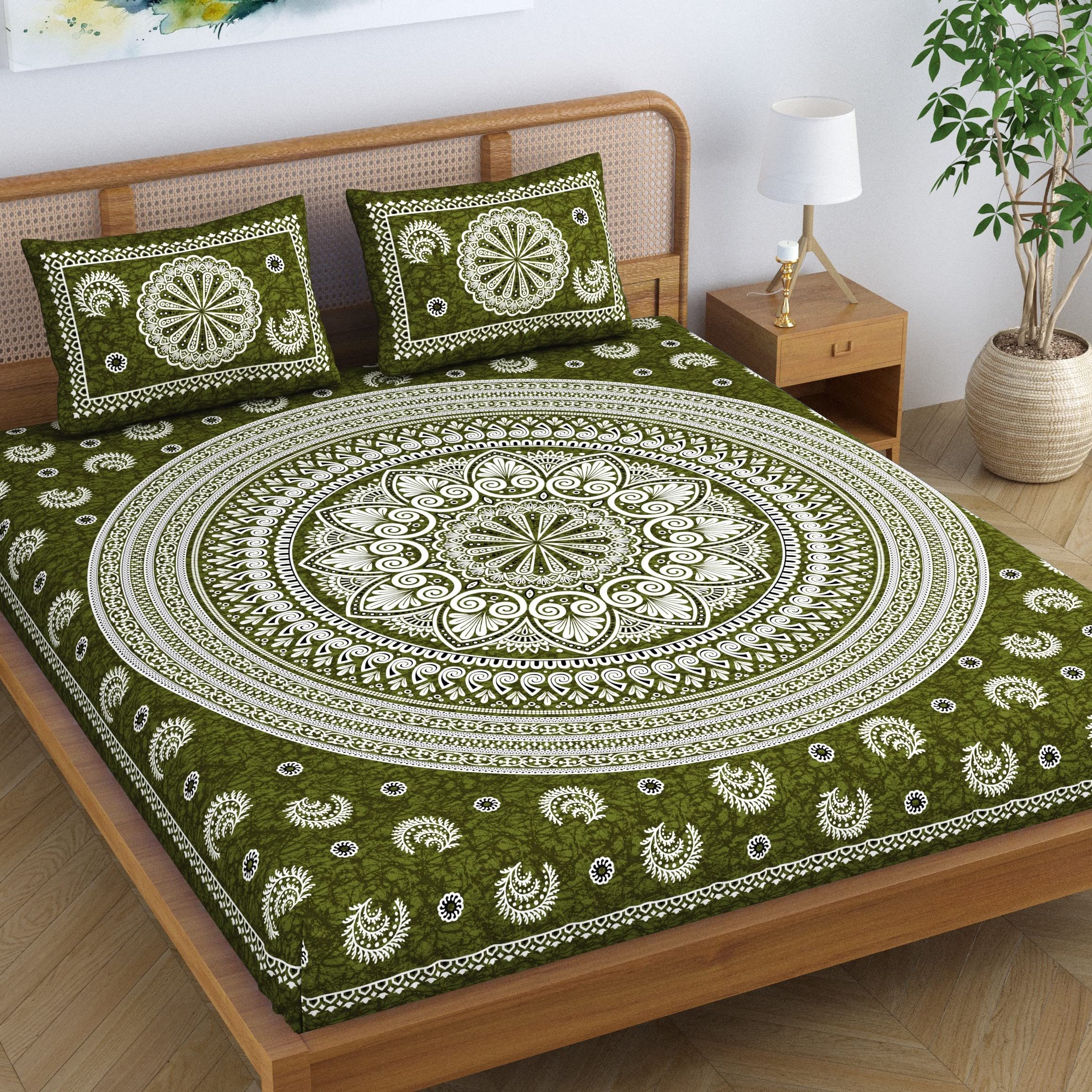 SheetKartFloral Motif Mandala 100% Cotton Bedsheet for Double Bed King Size with 2 Pillow Covers Jaipuri Printed Bed Cover - Pine Green