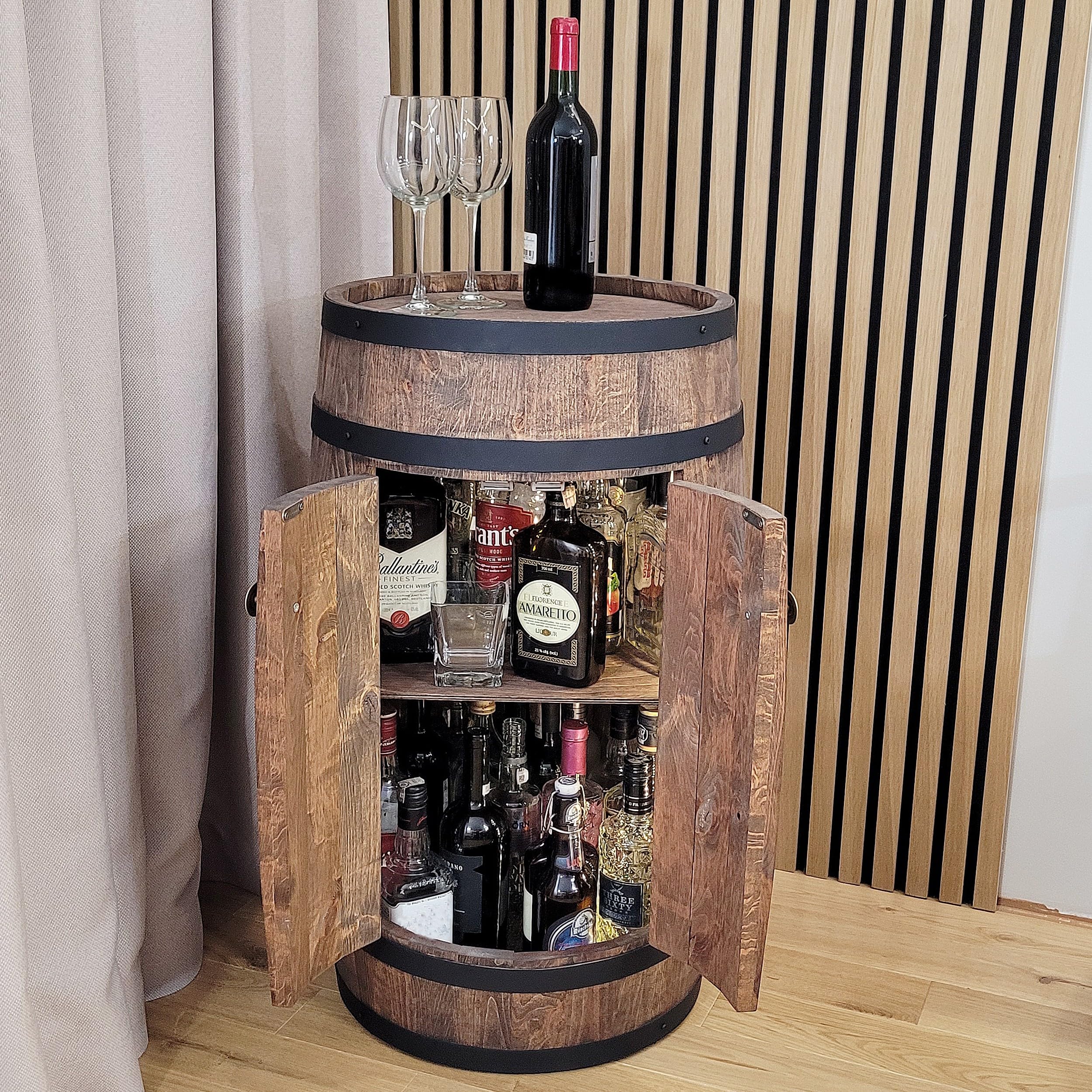 WEECO Barile In Legno con porta e portabottiglie LED, Portabottiglie per vino, Decorazione rustica per bar, portabottiglie, Botte per Vino, Scaffale Botte legno, Barile rum Birra 80x50cm (wengé scuro)