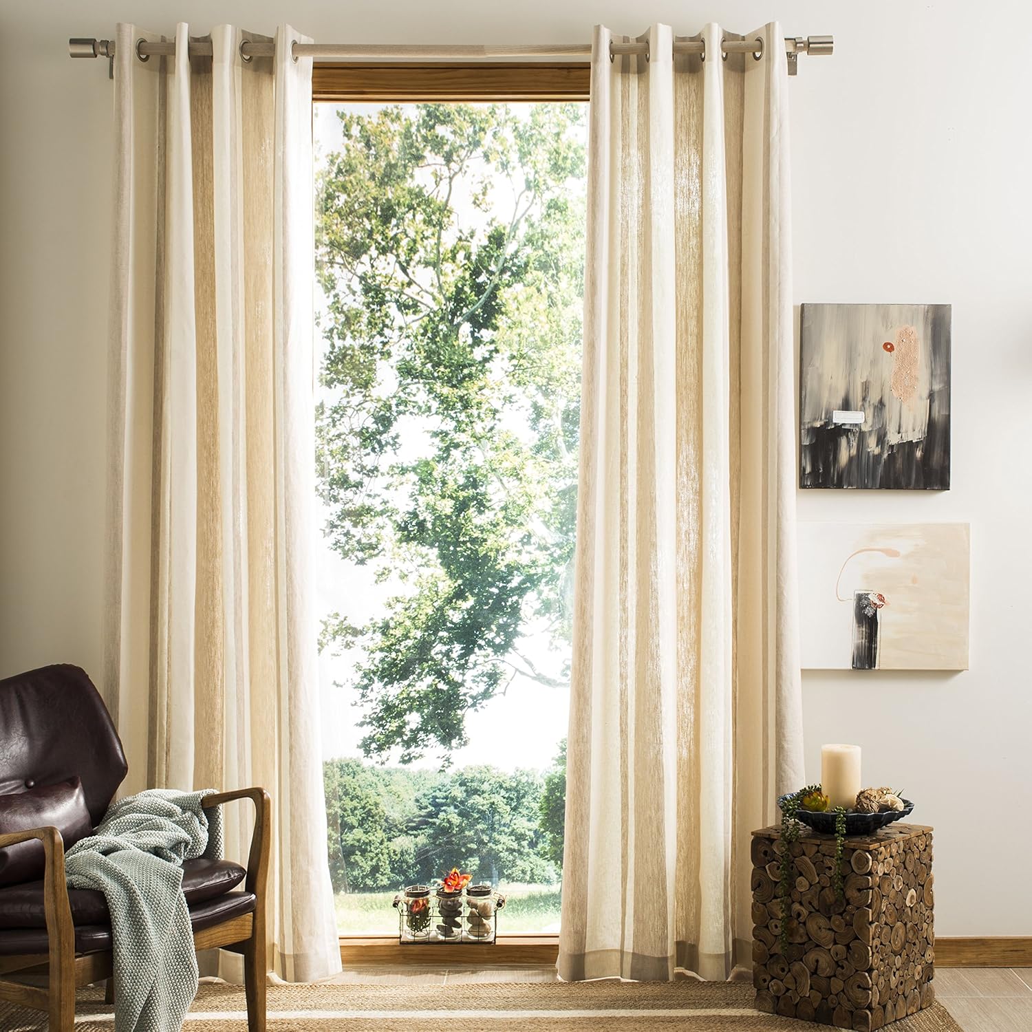 Safavieh Home Collection Vari Natural and White Stripe Semi Sheer 52" x 84" Grommet Window Panel