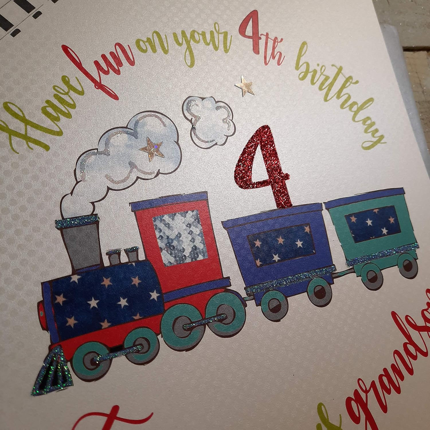 white cotton cards XR41-4gs Large "Have Fun on Your 4th Birthday to a Gorgeous Grandson" Handmade Card