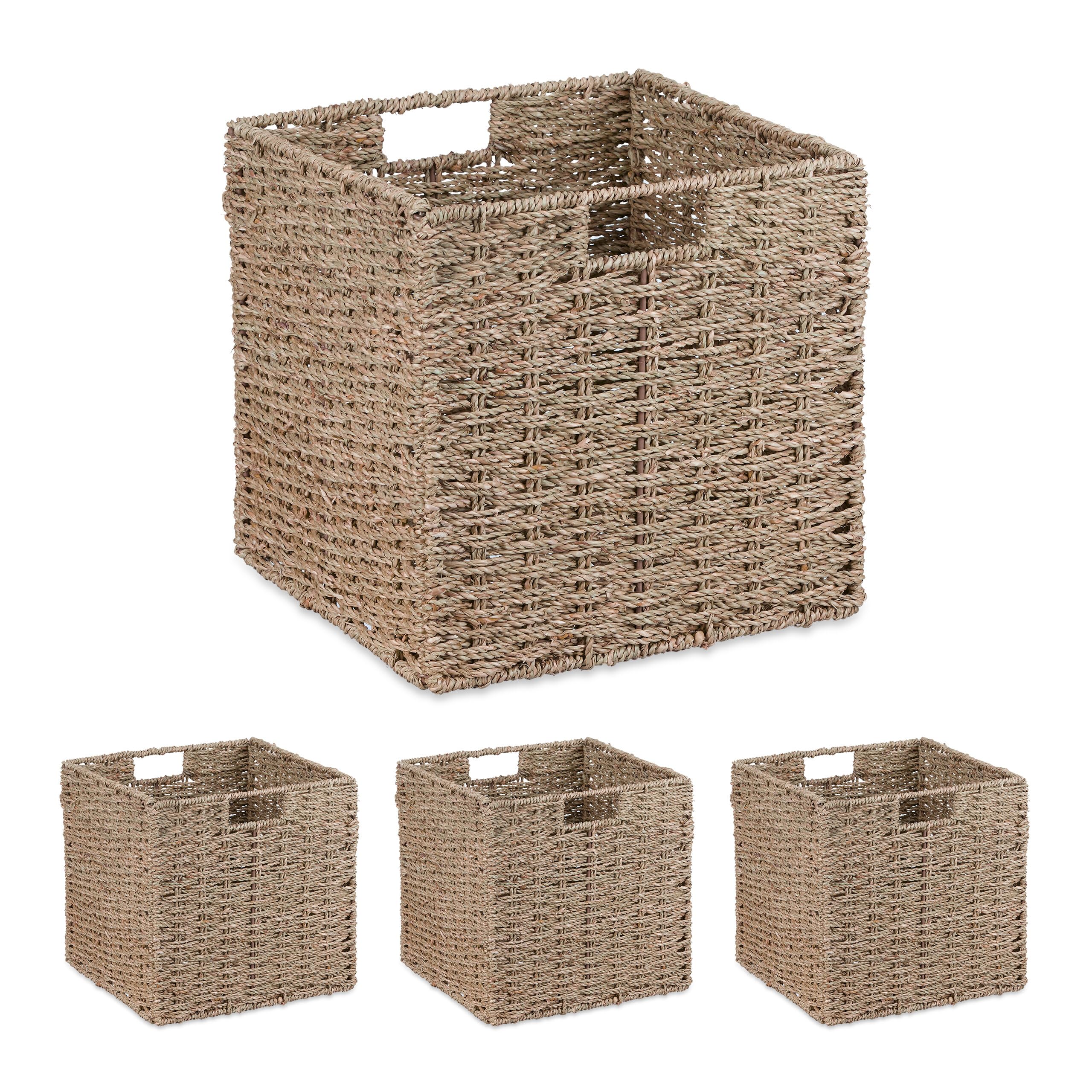 Relaxdays Natural Storage Basket, Set Of 4, Seagrass, Woven Design, Organiser For Clothing & Toys, 30X30x30 Cm, Cube,