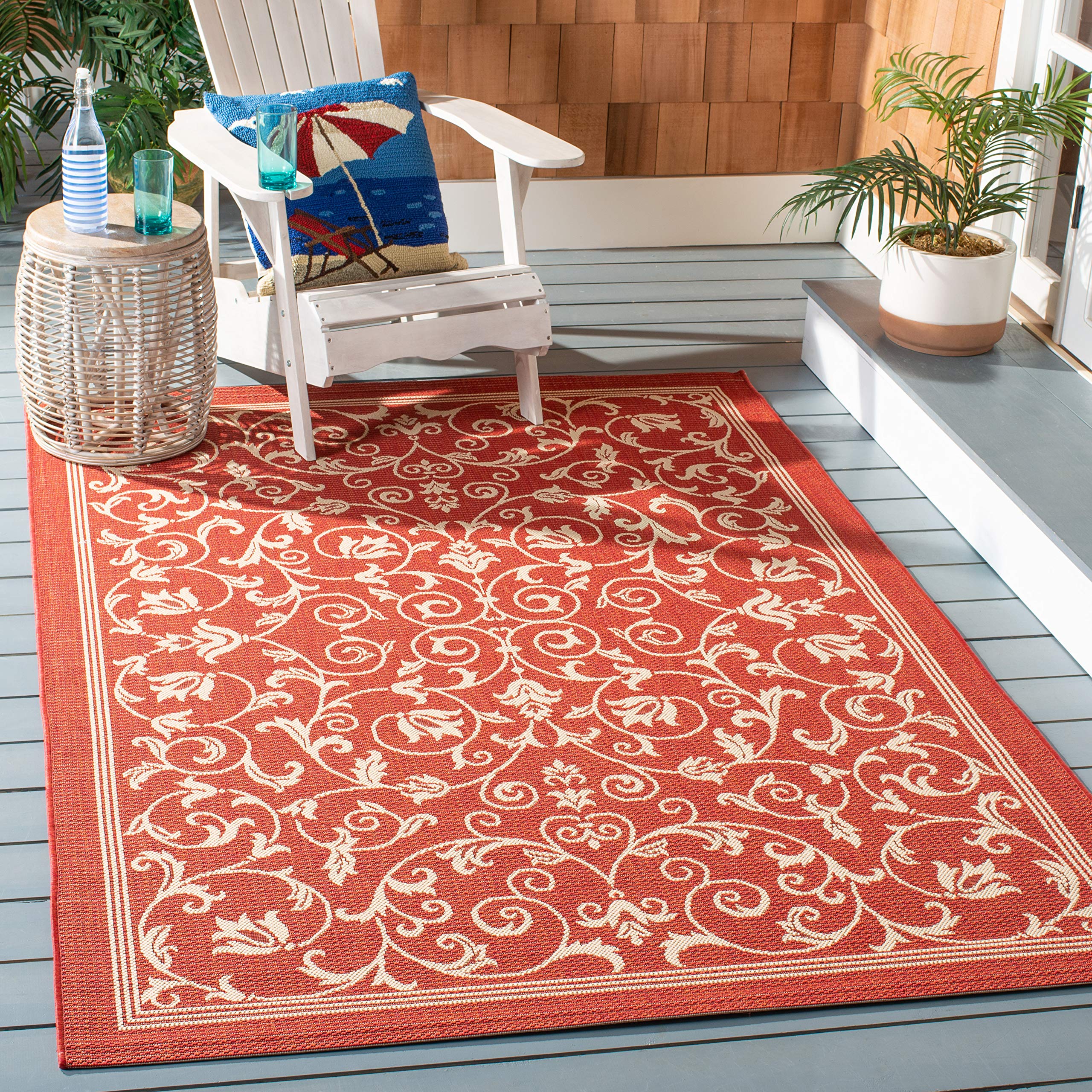 SAFAVIEH Washable Rug Outdoor Courtyard Collection - 2'7" x 5', Red & Natural, Non-Shedding & Easy Cleaning, Ideal for Patio, Backyard, Mudroom (