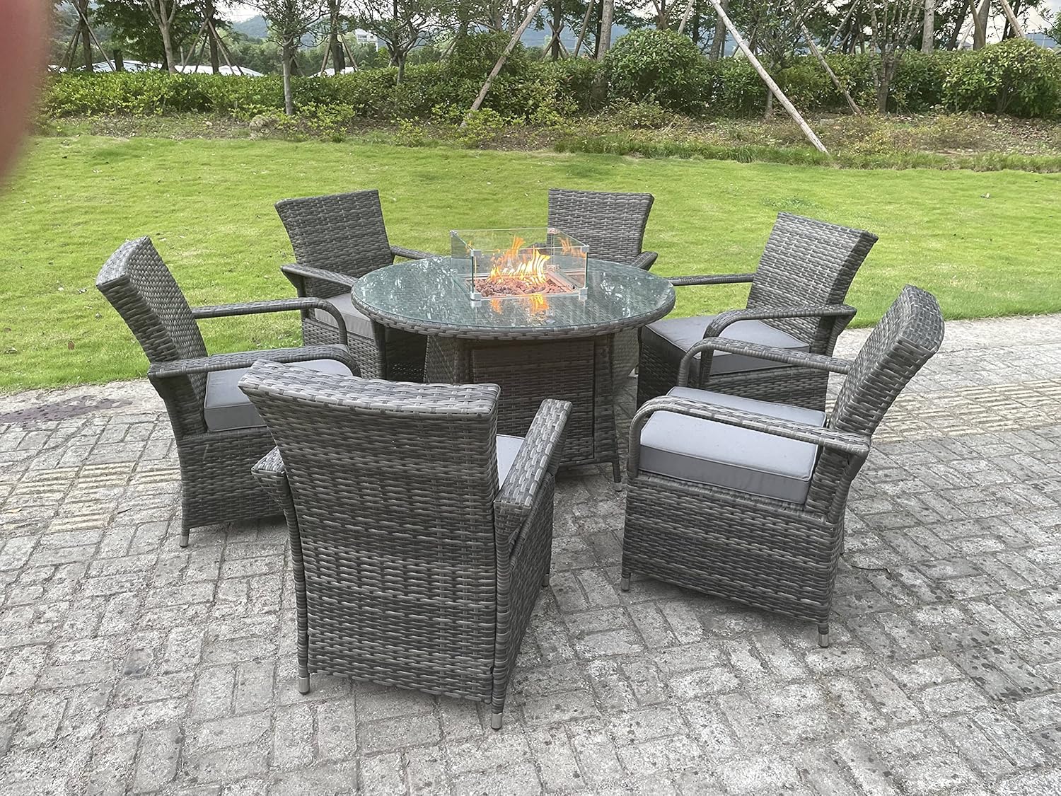 Fimous Rattan Garden Furniture Sets Gas Fire Pit Dining Table and