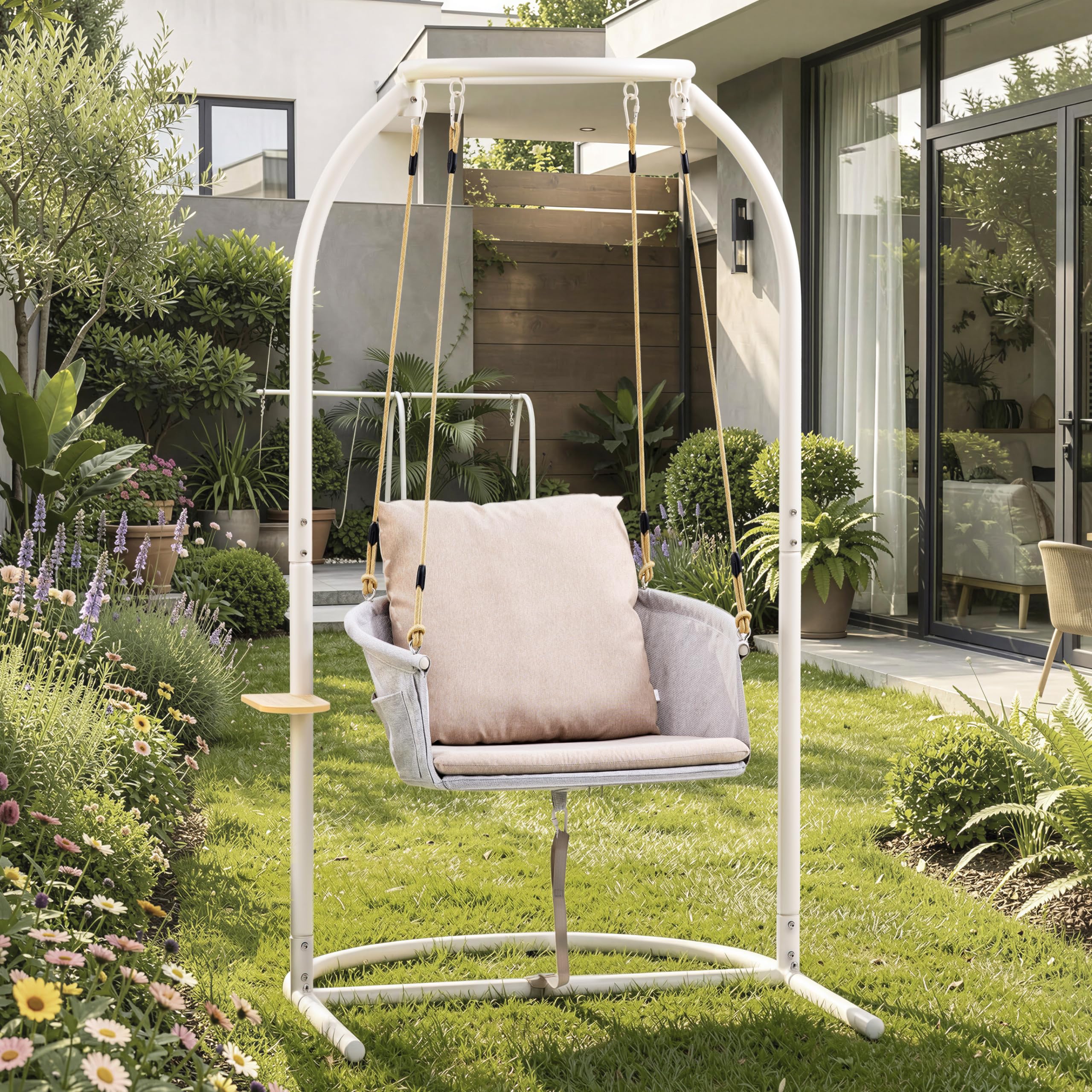 Poltrona sospesa con struttura in alluminio, per esterni, resistente alle intemperie, portata 180 kg | Altalena sospesa con cuscino, seduta con ripiano e borsa per riporre oggetti, per balcone, terrazza, giardino