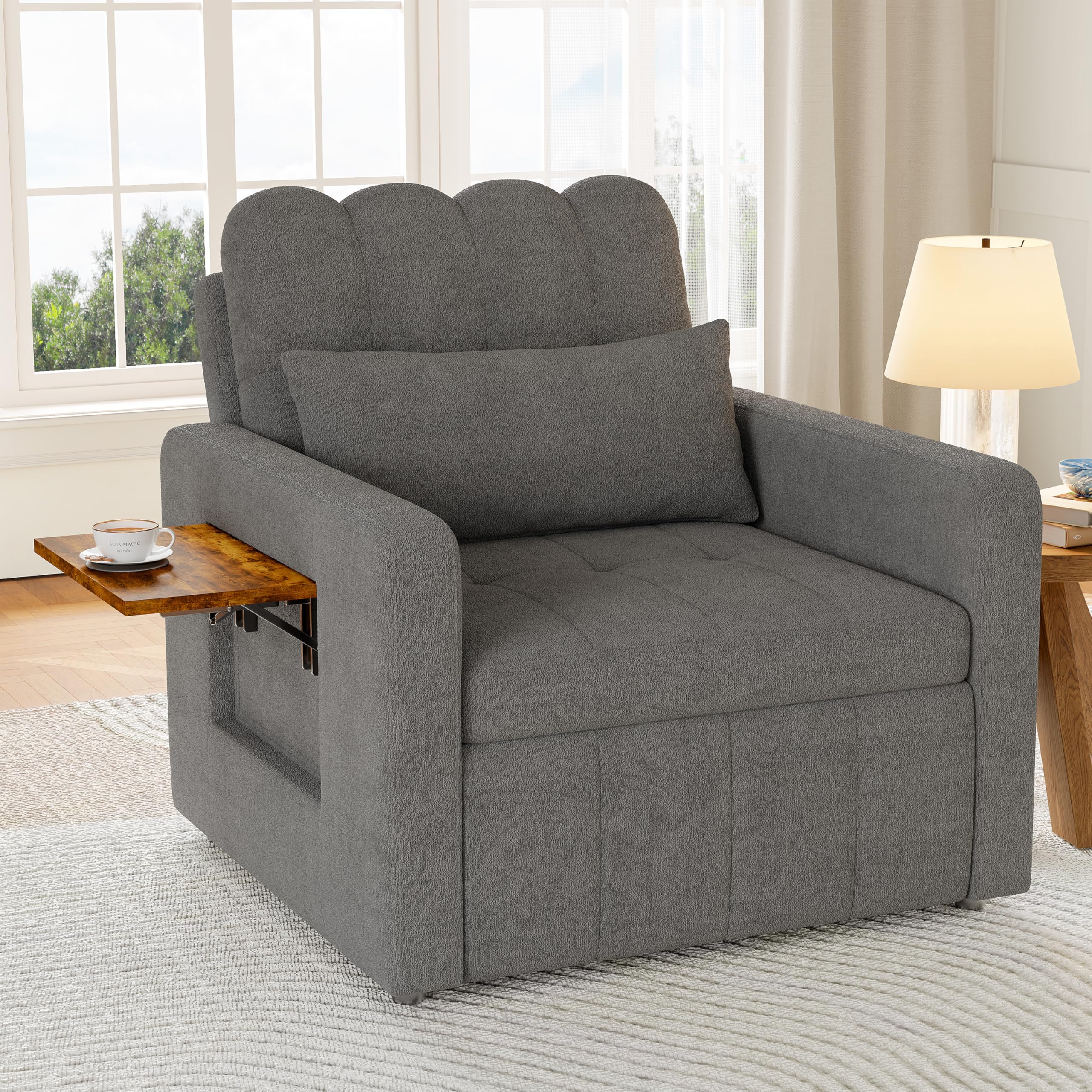 Fotel do spania 3 w 1 z funkcją łóżka, składana pojedyncza sofa ze składanymi stolikami herbacianymi, rozkładane krzesło, regulowany fotel pojedynczy z poduszką (średni szary)