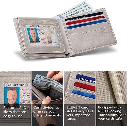 Miniatura 4 de SERMAN BRANDS Billetera de 2 ventanas de identificación para hombres con bloqueo RFID bolsillo superior abatible cartera de viaje de capacidad