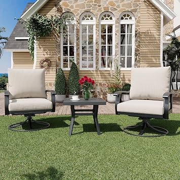 HOMREST Outdoor Swivel Rocker Patio Chairs with Coffee Table 3 PCS Bistro Set, 360 Degree Swivel Rocking Chair Patio Conversation Set with Thickened Cushions for Garden, Deck and Poolside
